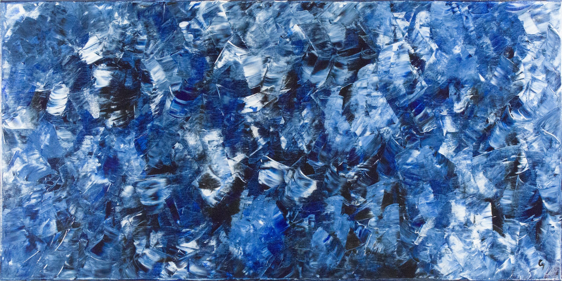 A painting of blue and white paint on a blue background.