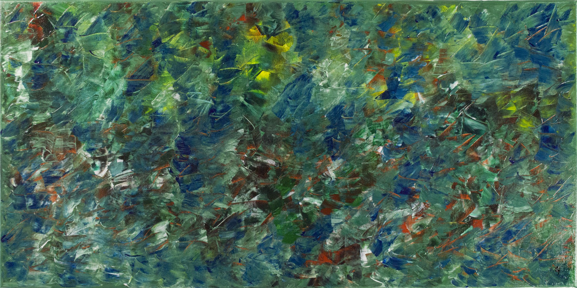 A painting of a green and blue abstract painting.