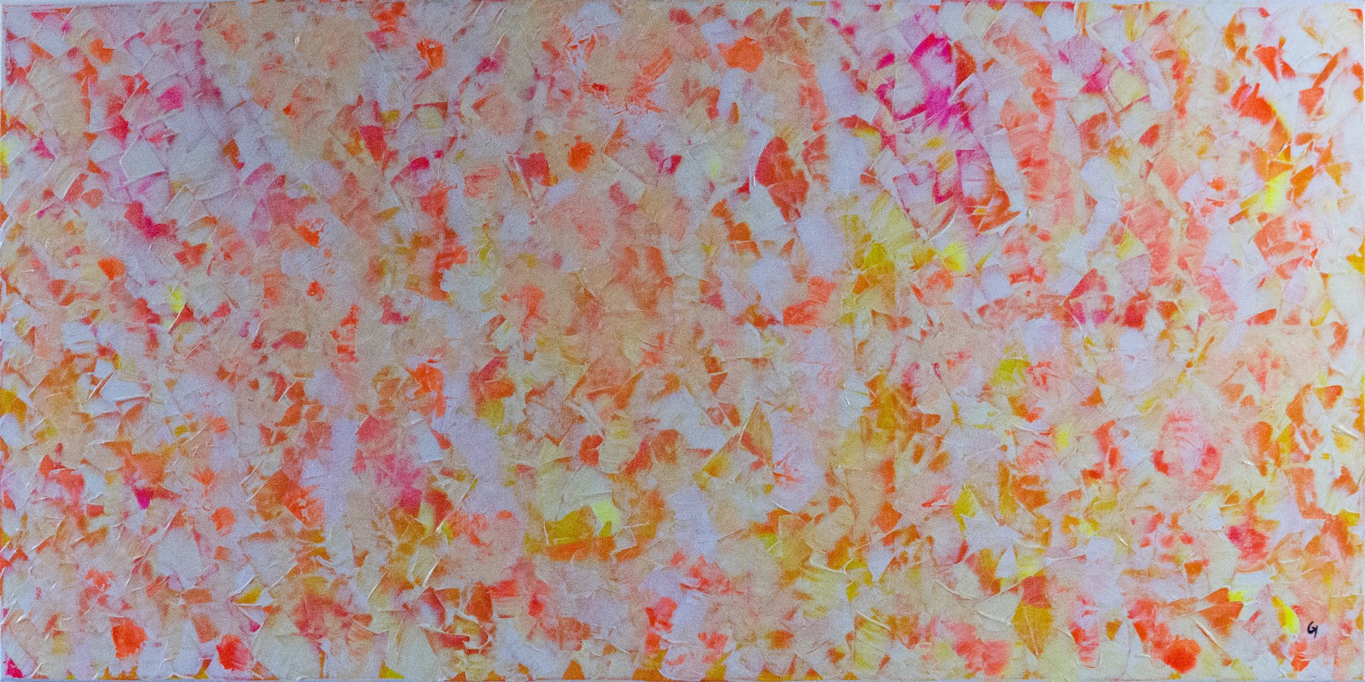 A painting of orange and yellow paint splatters on a white background.