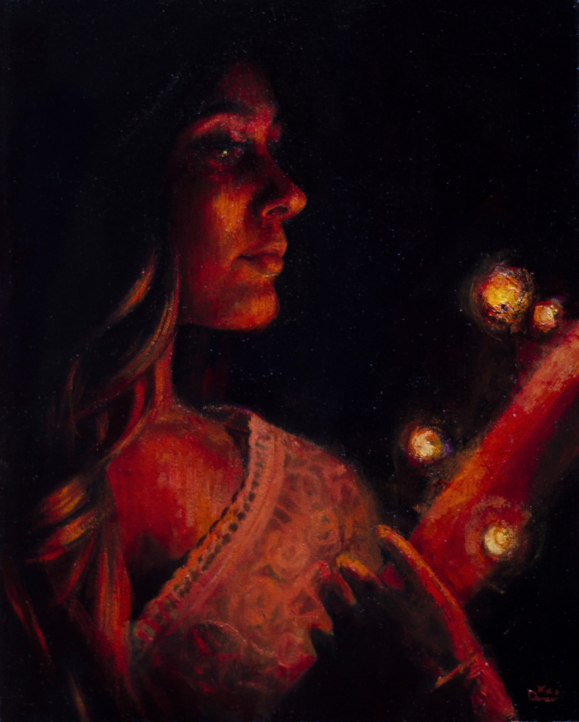 A painting of a woman holding a red object in her hand.