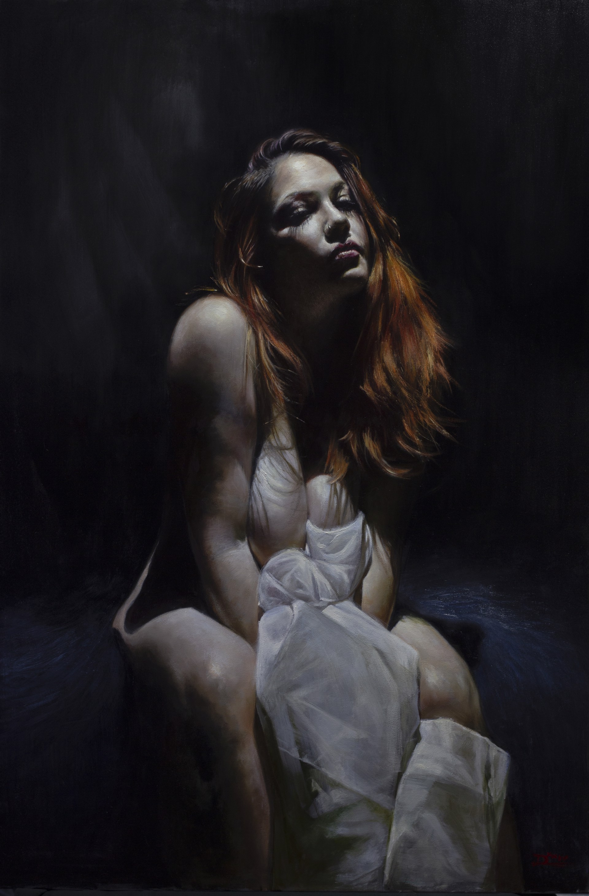 A painting of a woman sitting on a chair.