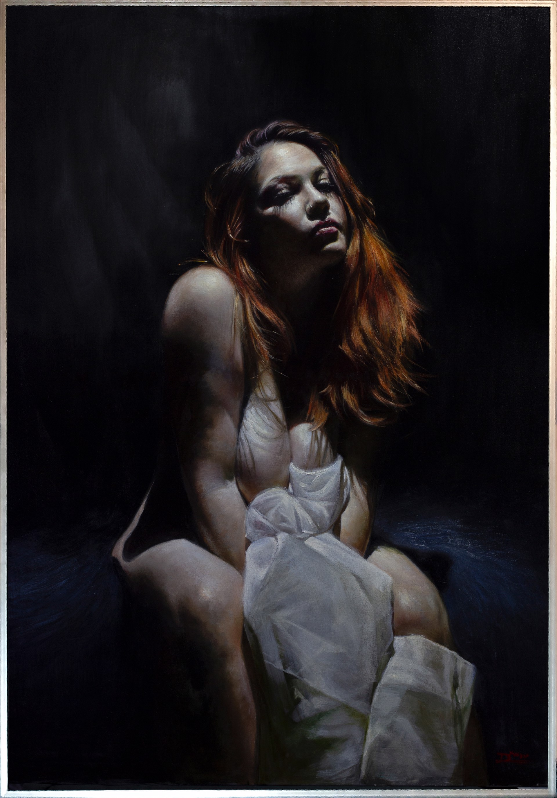 A painting of a woman sitting on a chair.
