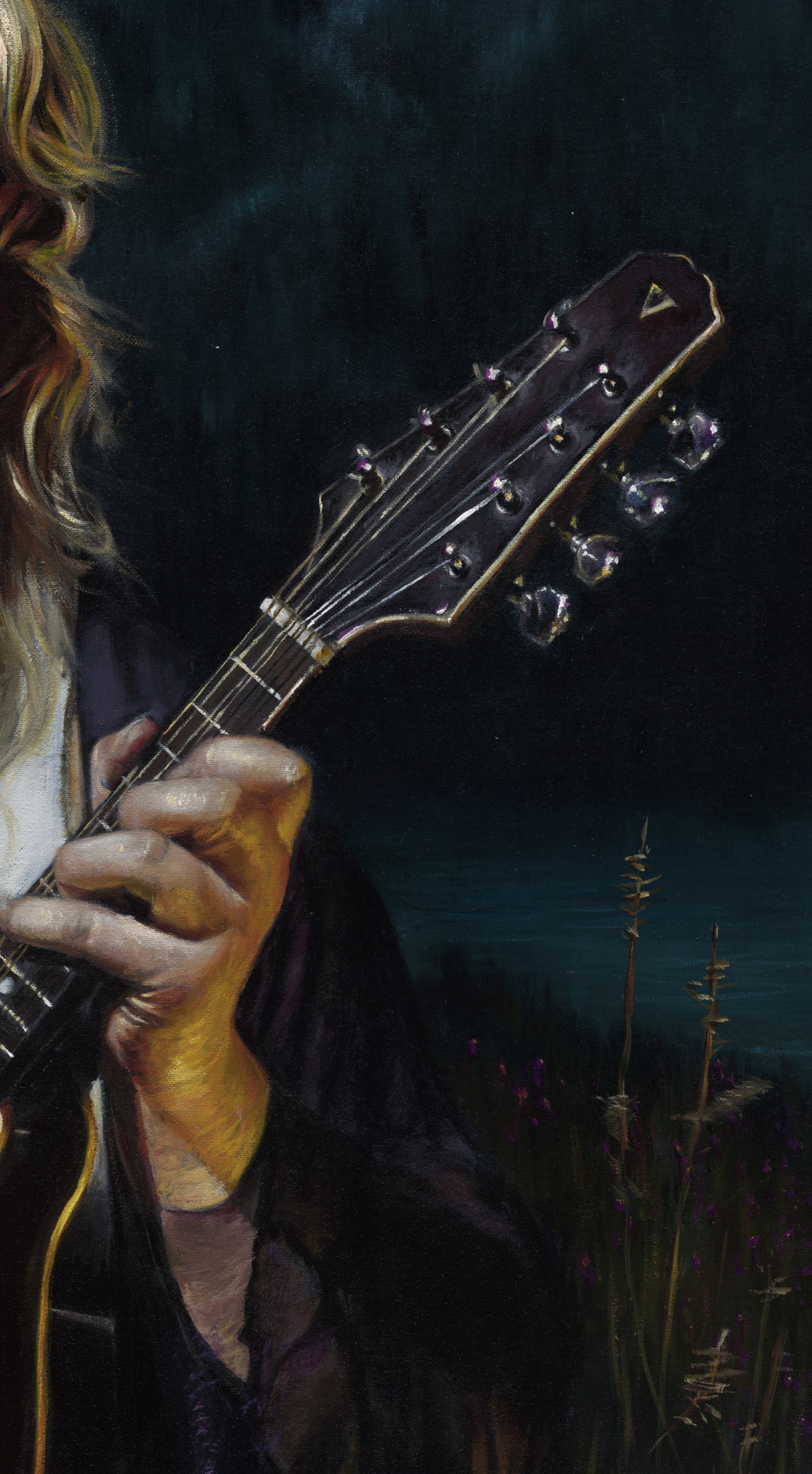 A portrait of a figure holding a mandolin against a dark, moonlit night sky.