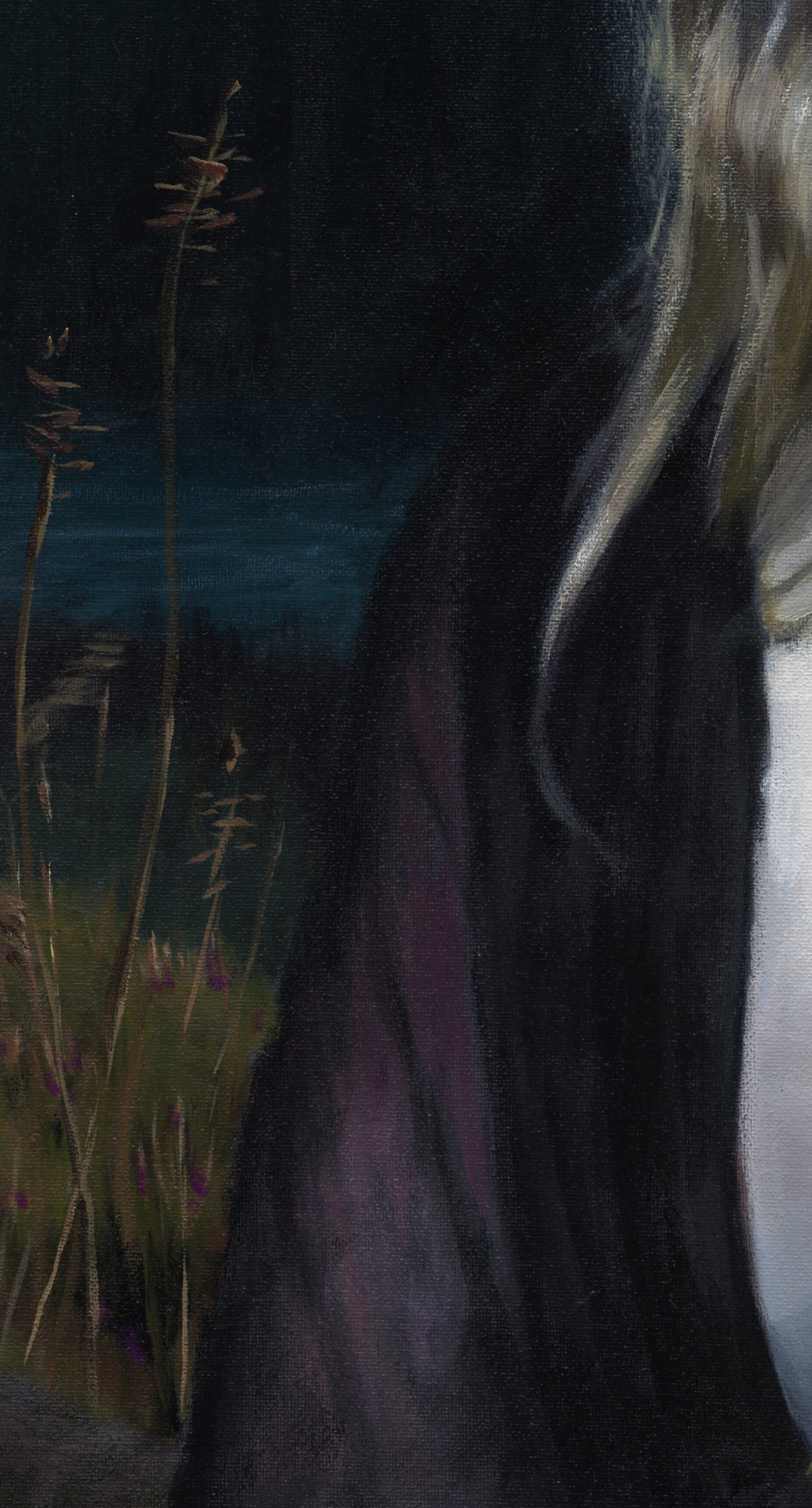 A portrait of a figure holding a mandolin against a dark, moonlit night sky.