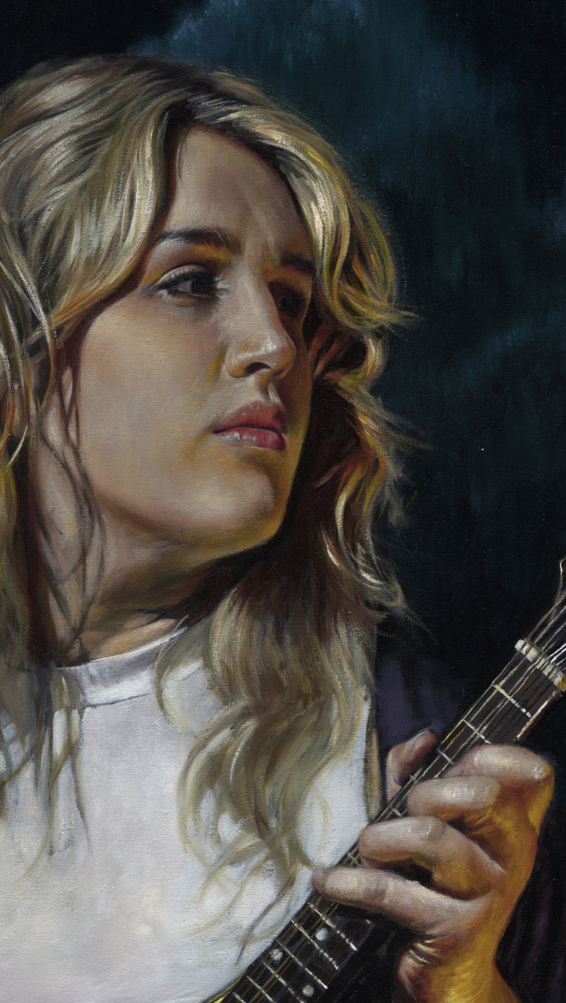 A portrait of a figure holding a mandolin against a dark, moonlit night sky.
