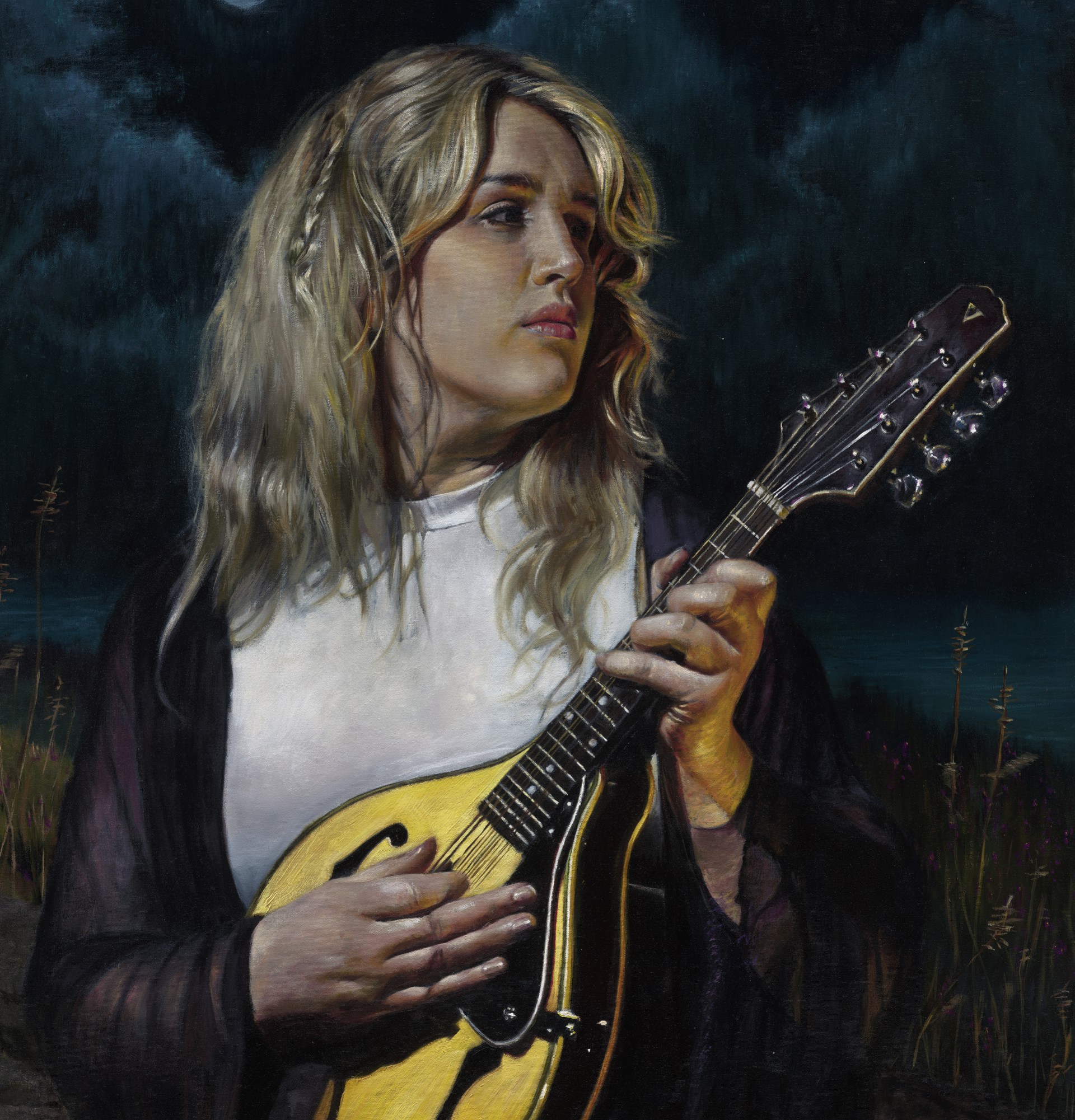 A portrait of a figure holding a mandolin against a dark, moonlit night sky.