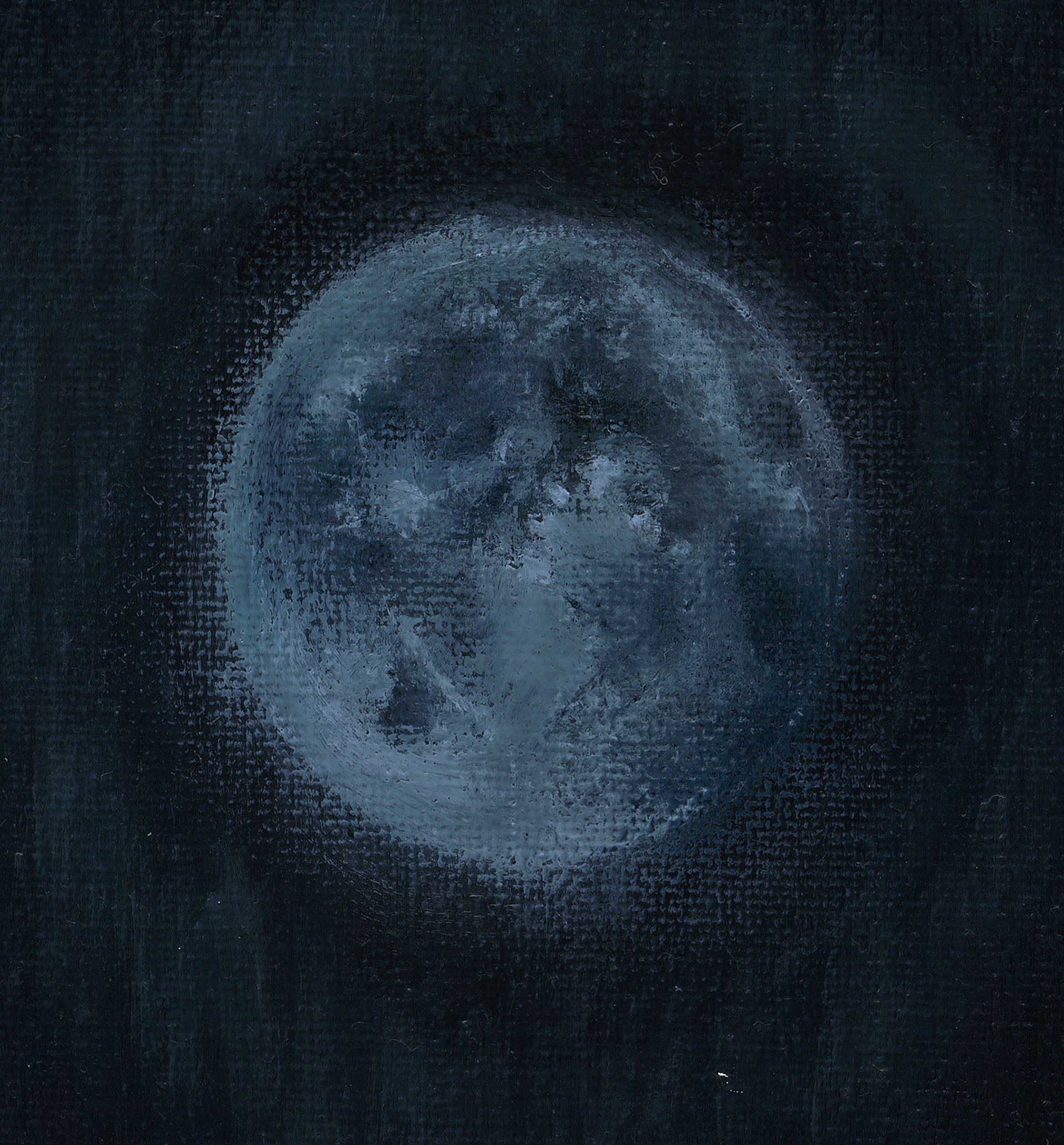 A portrait of a figure holding a mandolin against a dark, moonlit night sky.