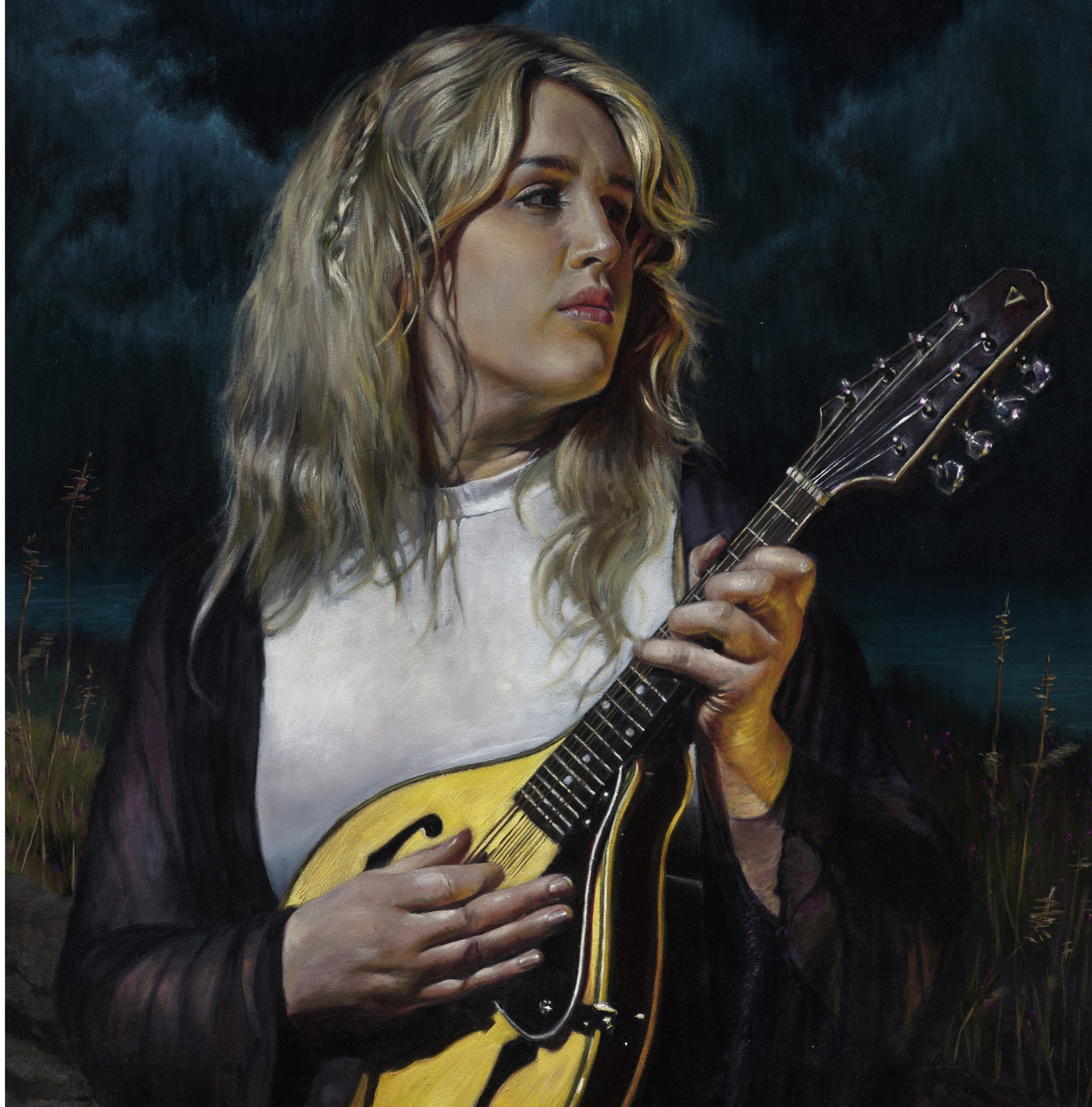A portrait of a figure holding a mandolin against a dark, moonlit night sky.