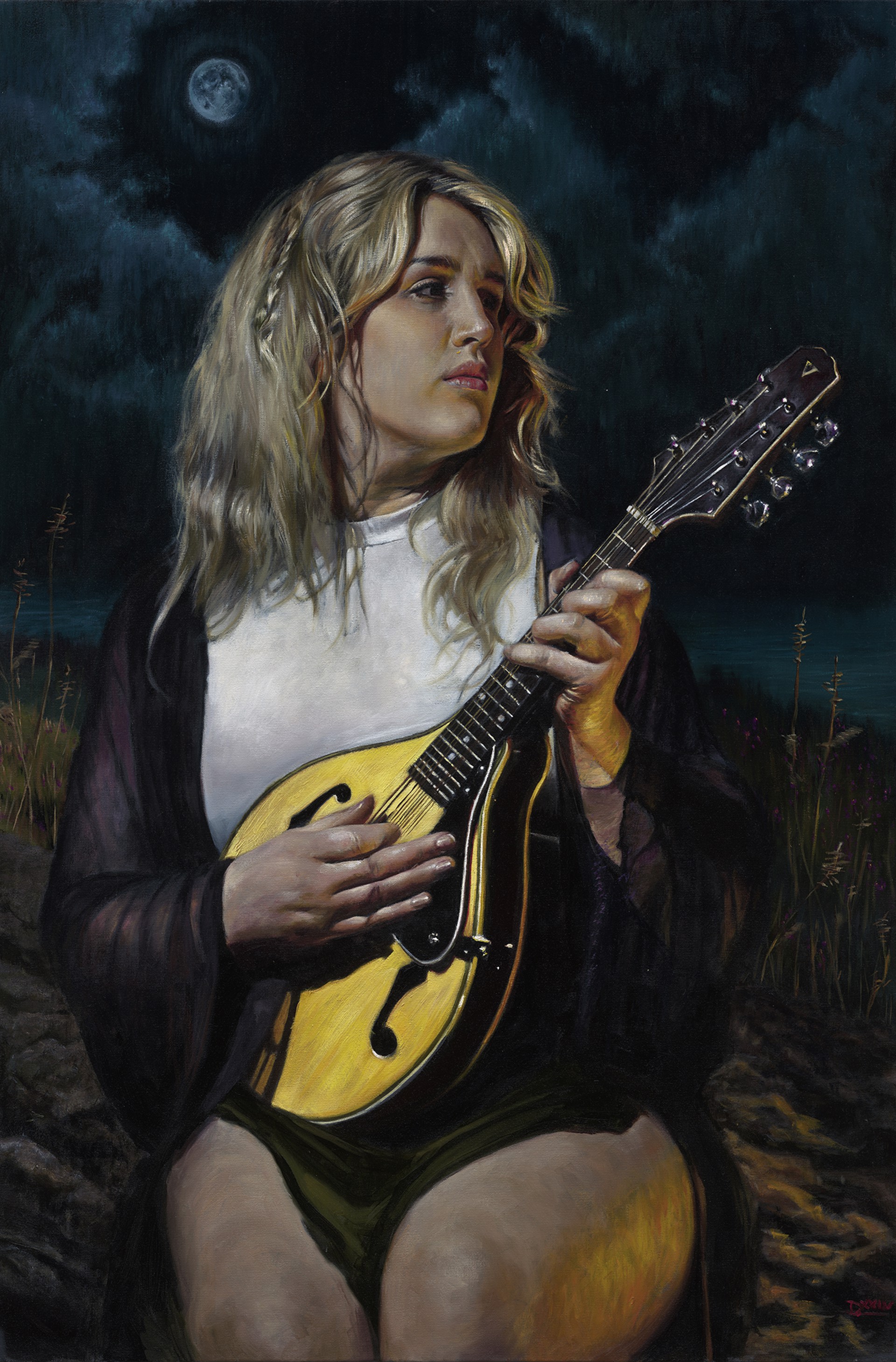 A portrait of a figure holding a mandolin against a dark, moonlit night sky.