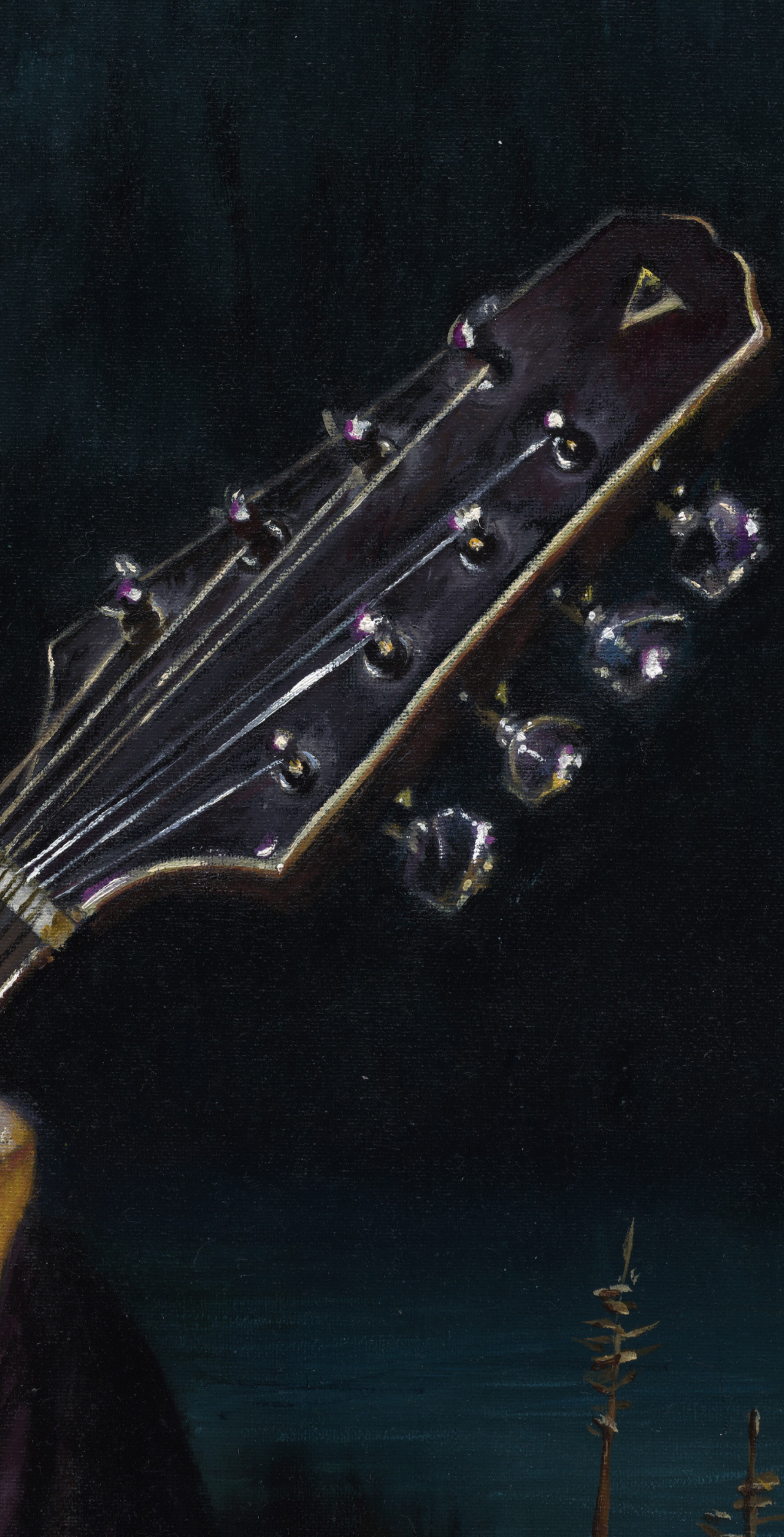 A portrait of a figure holding a mandolin against a dark, moonlit night sky.