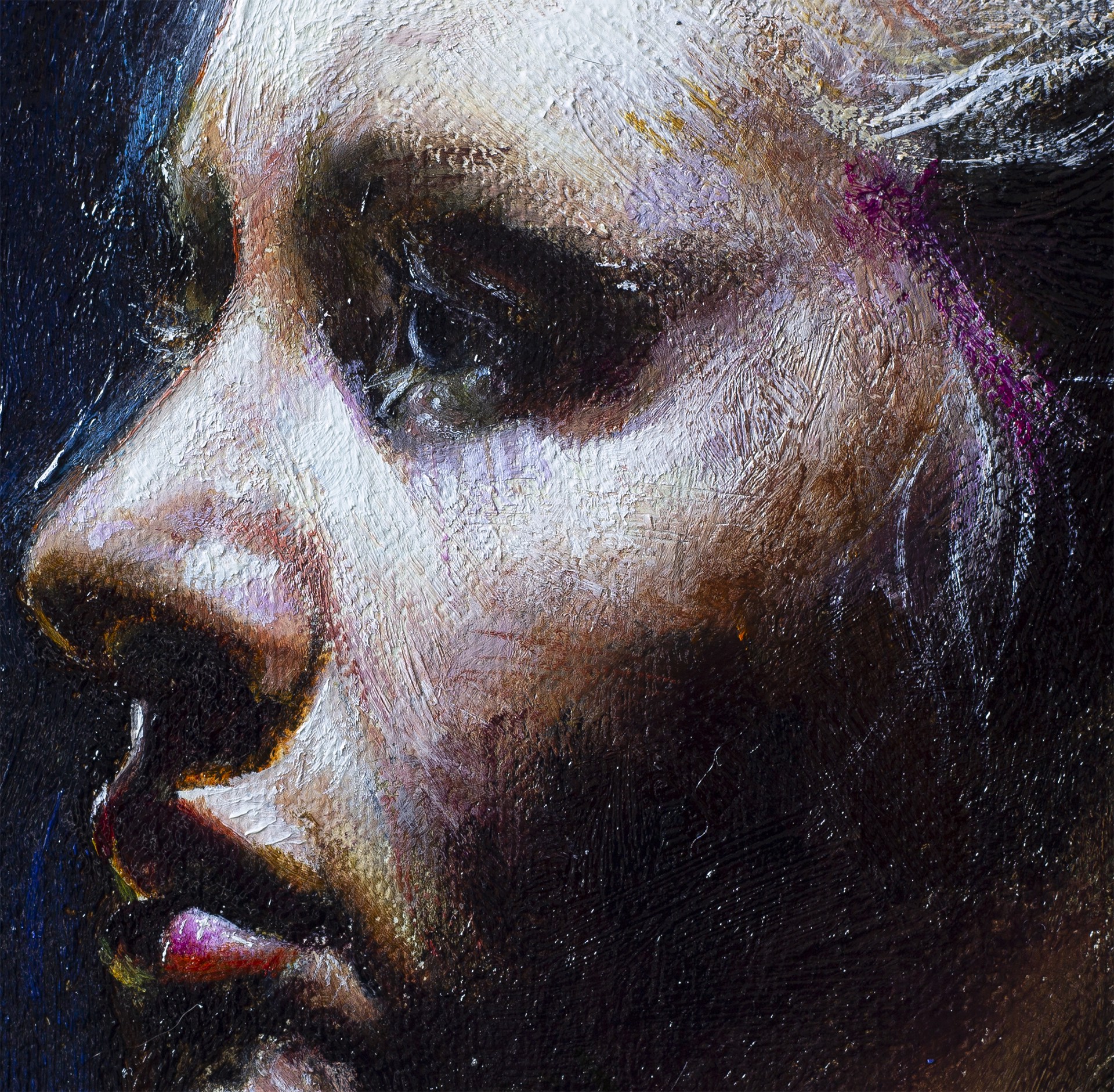 A painting of a woman with a red hair in a bun.