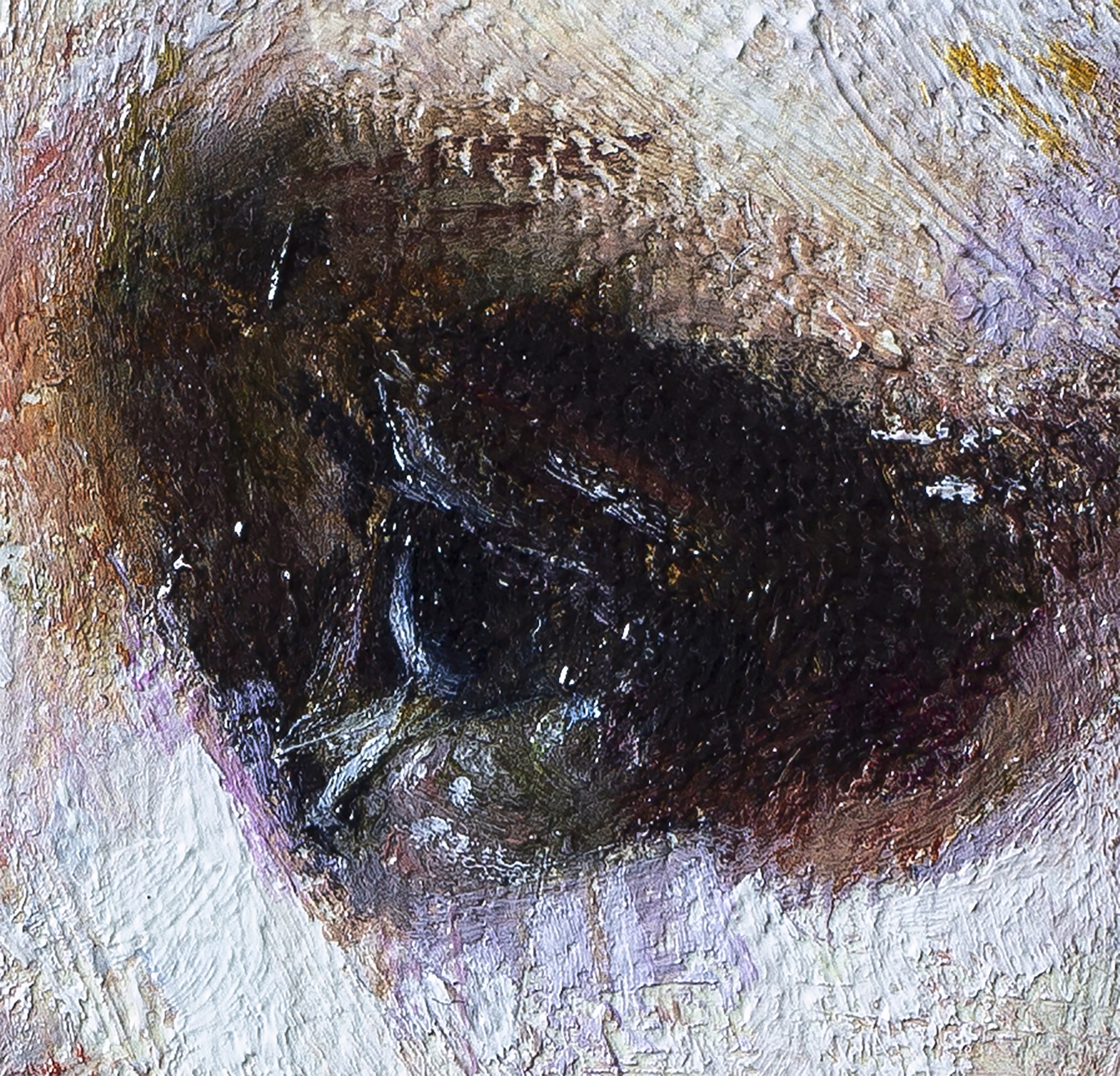 A painting of a woman with a red hair in a bun.