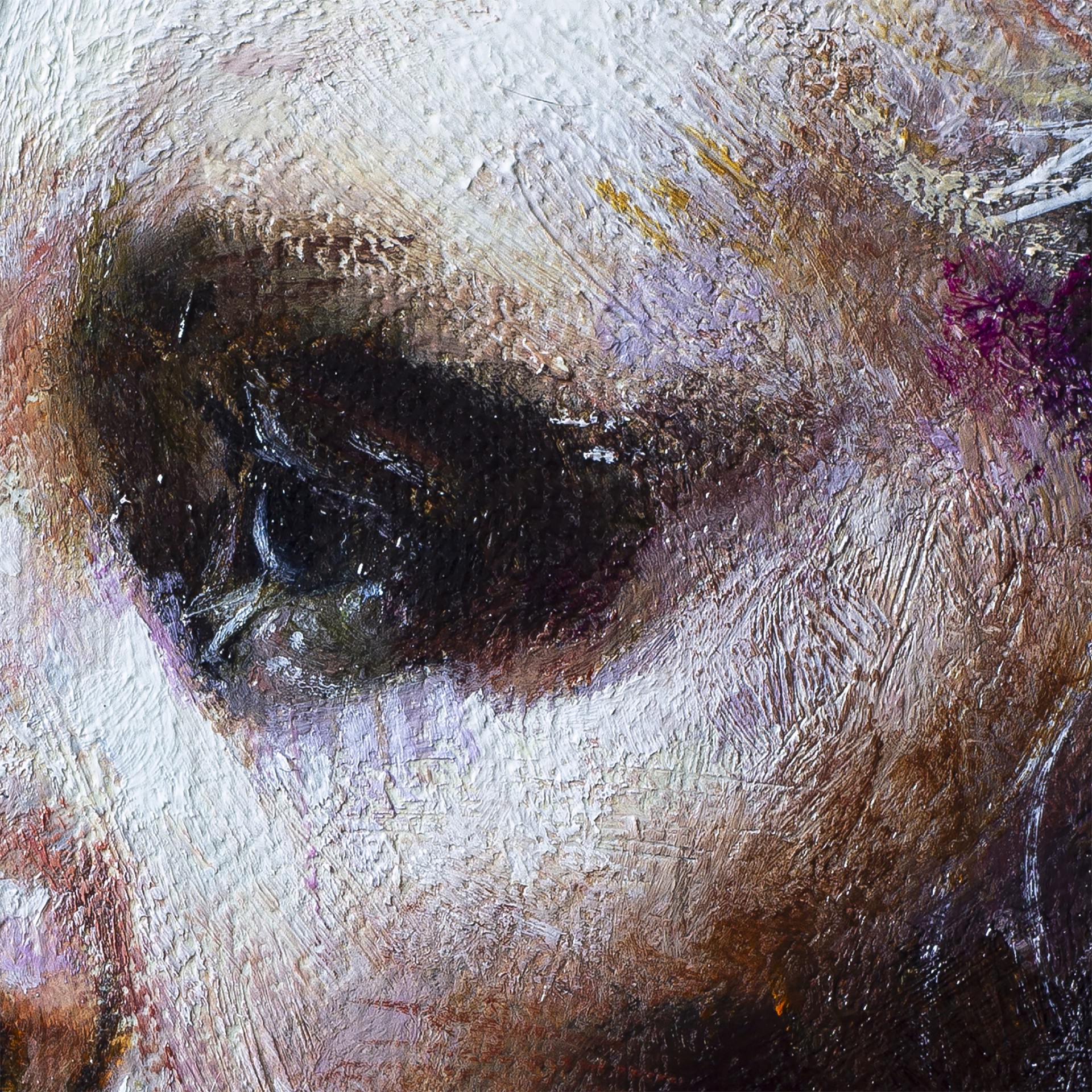 A painting of a woman with a red hair in a bun.