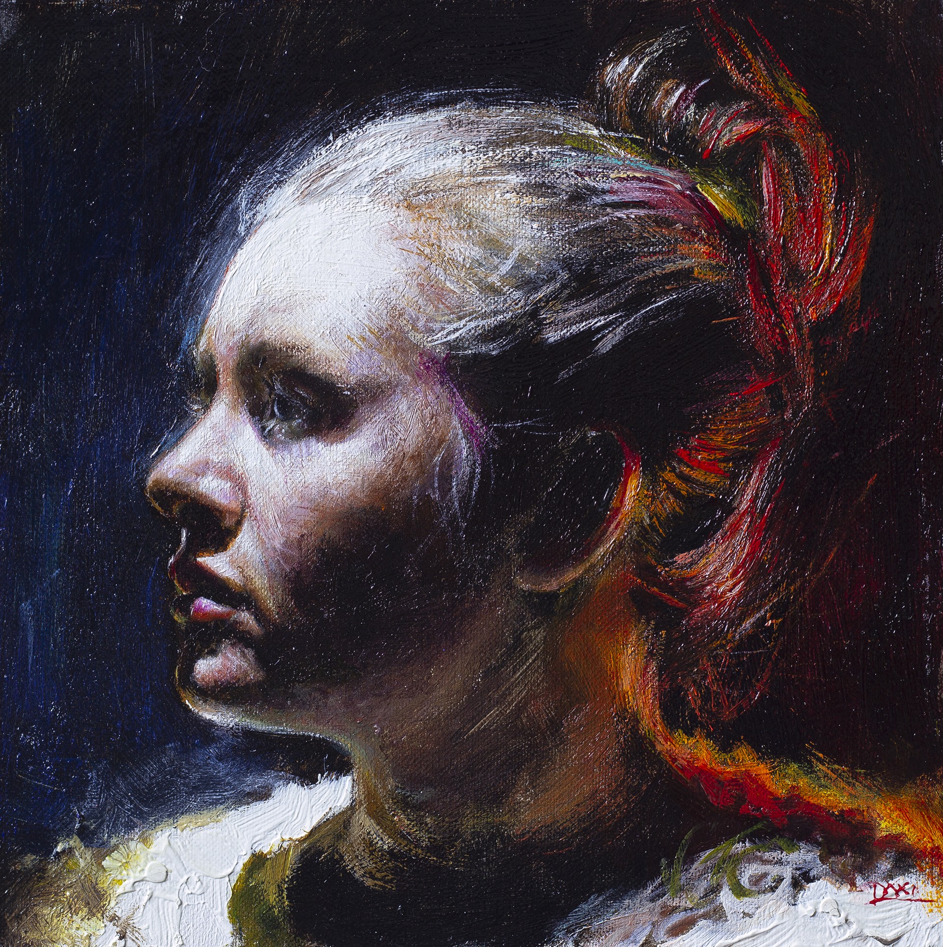 A painting of a woman with a red hair in a bun.