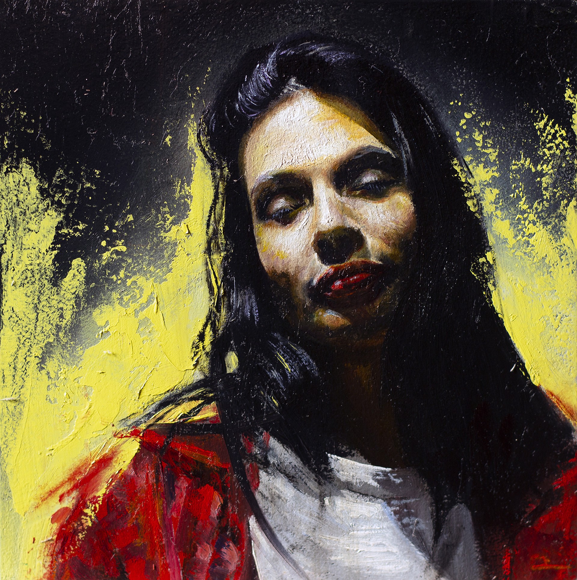 A painting of a woman with long black hair.
