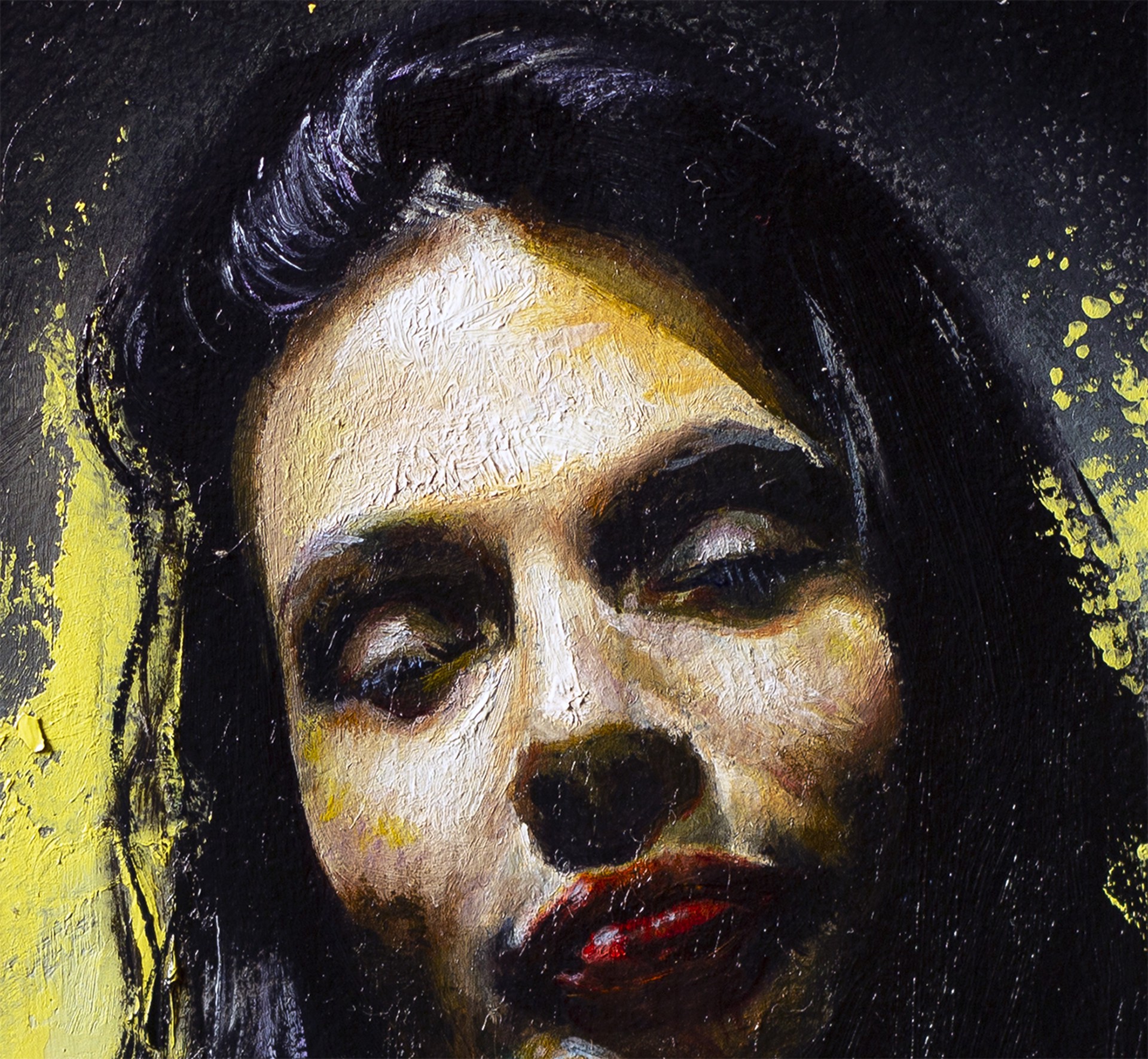 A painting of a woman with long black hair.