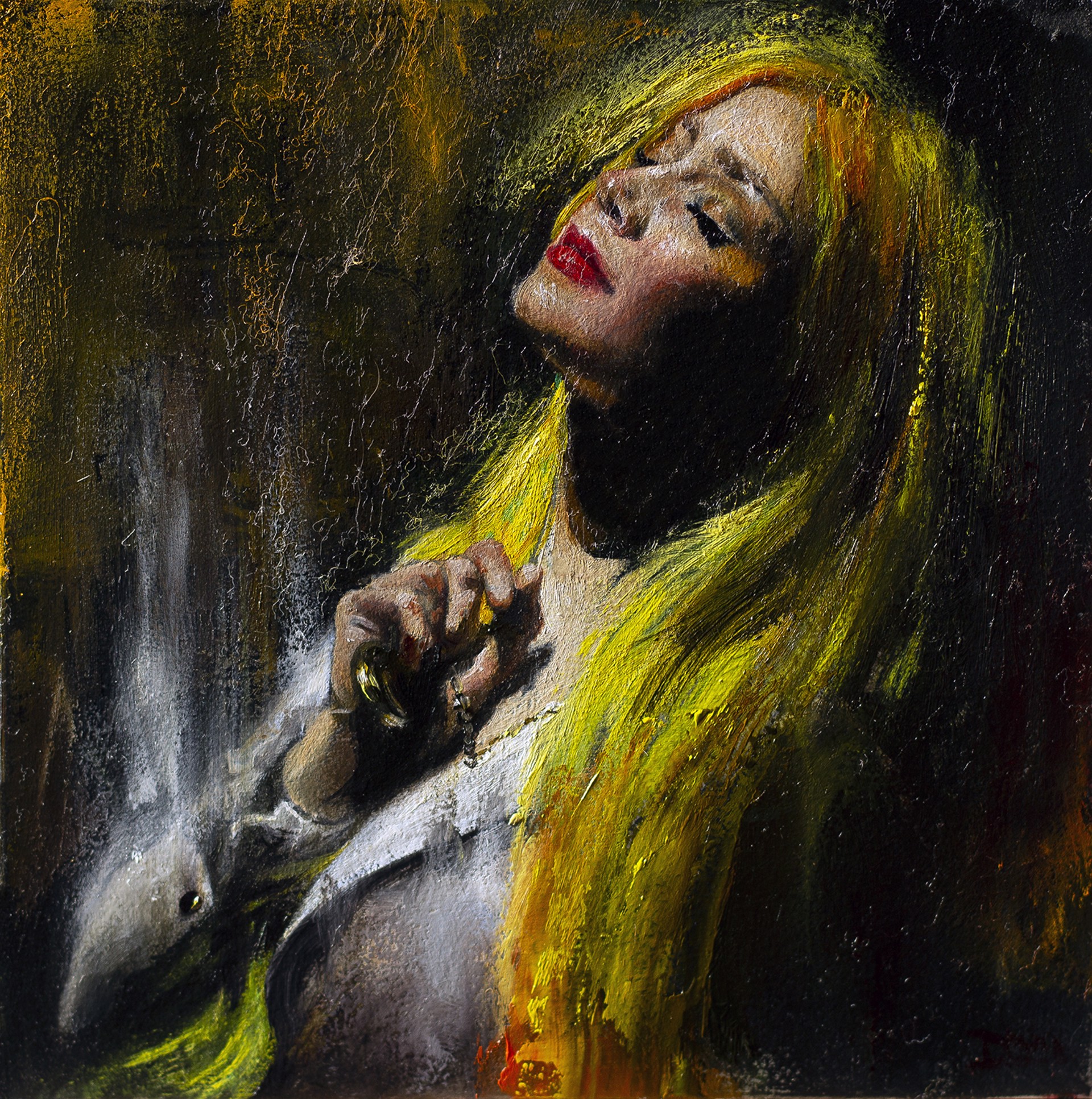 A painting of a woman with long blonde hair.