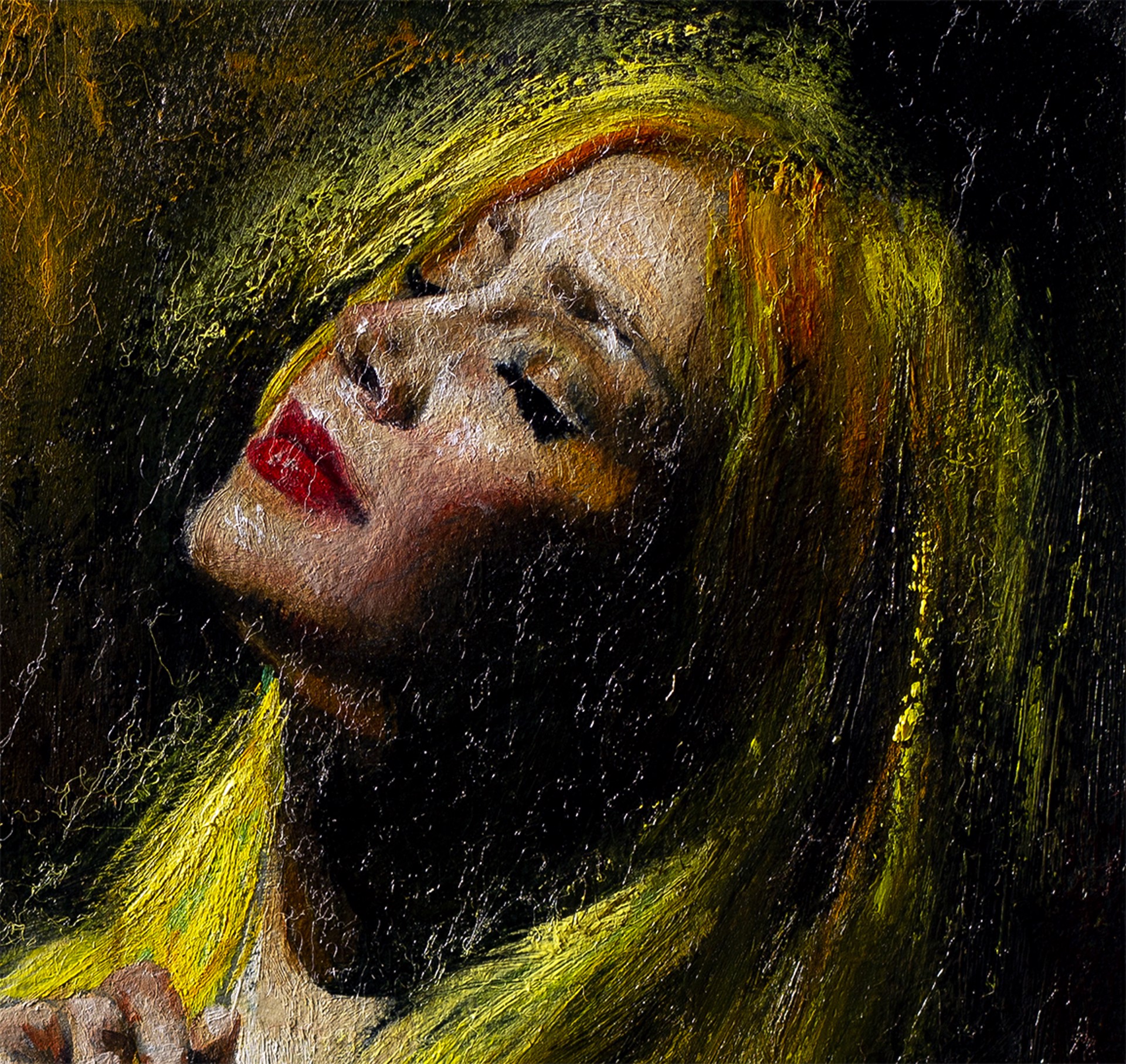 A painting of a woman with long blonde hair.