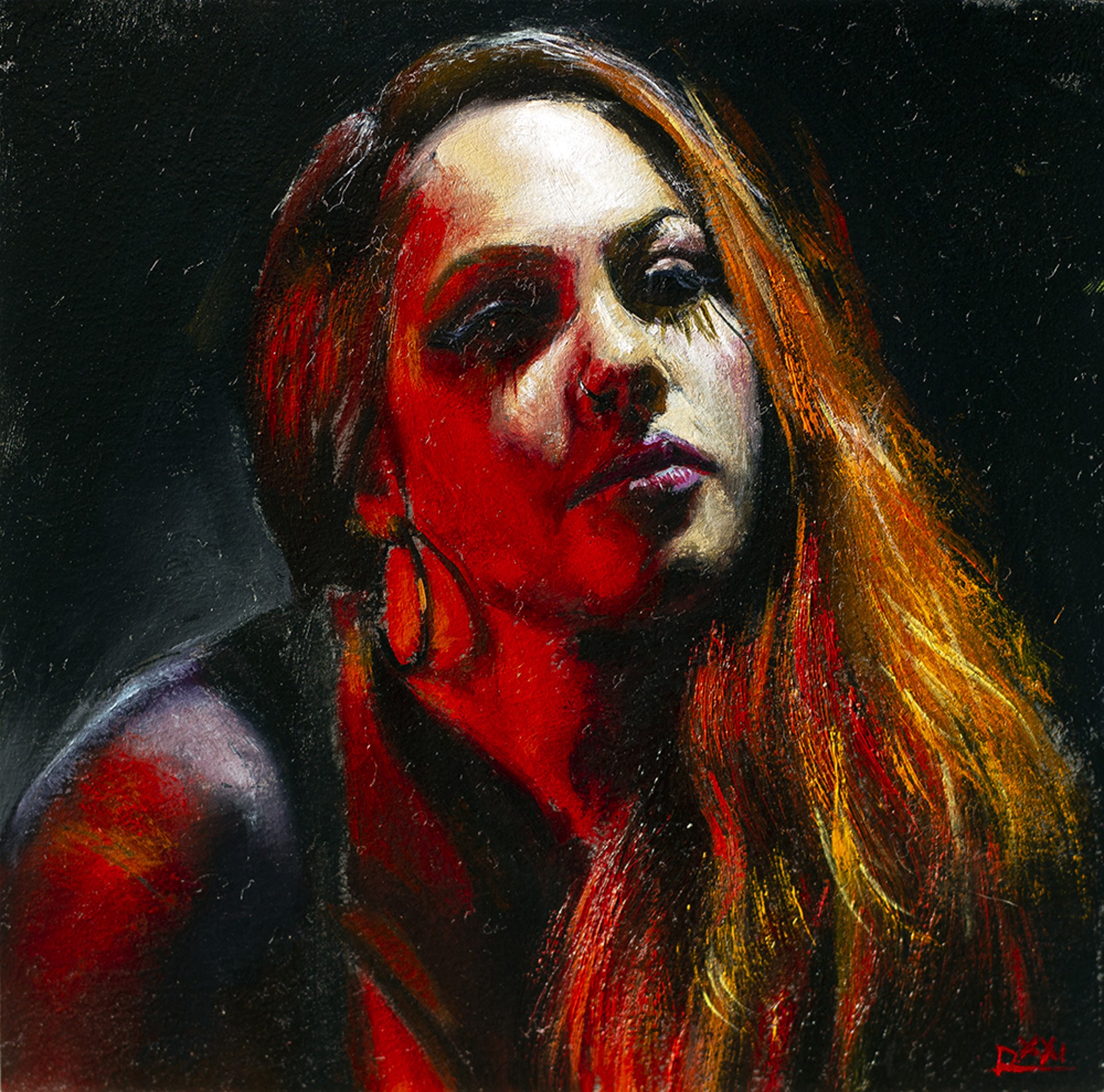 A painting of a woman with long red hair.