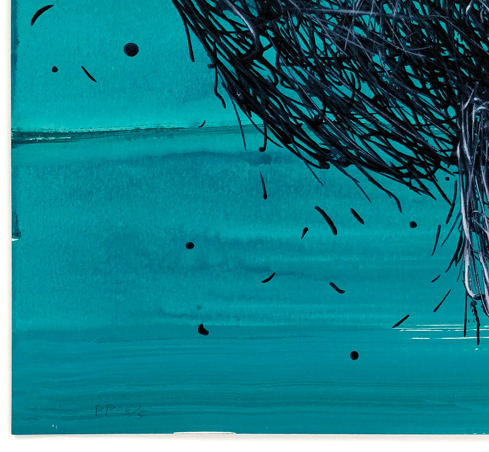 A black and white drawing of a bird flying through the air.