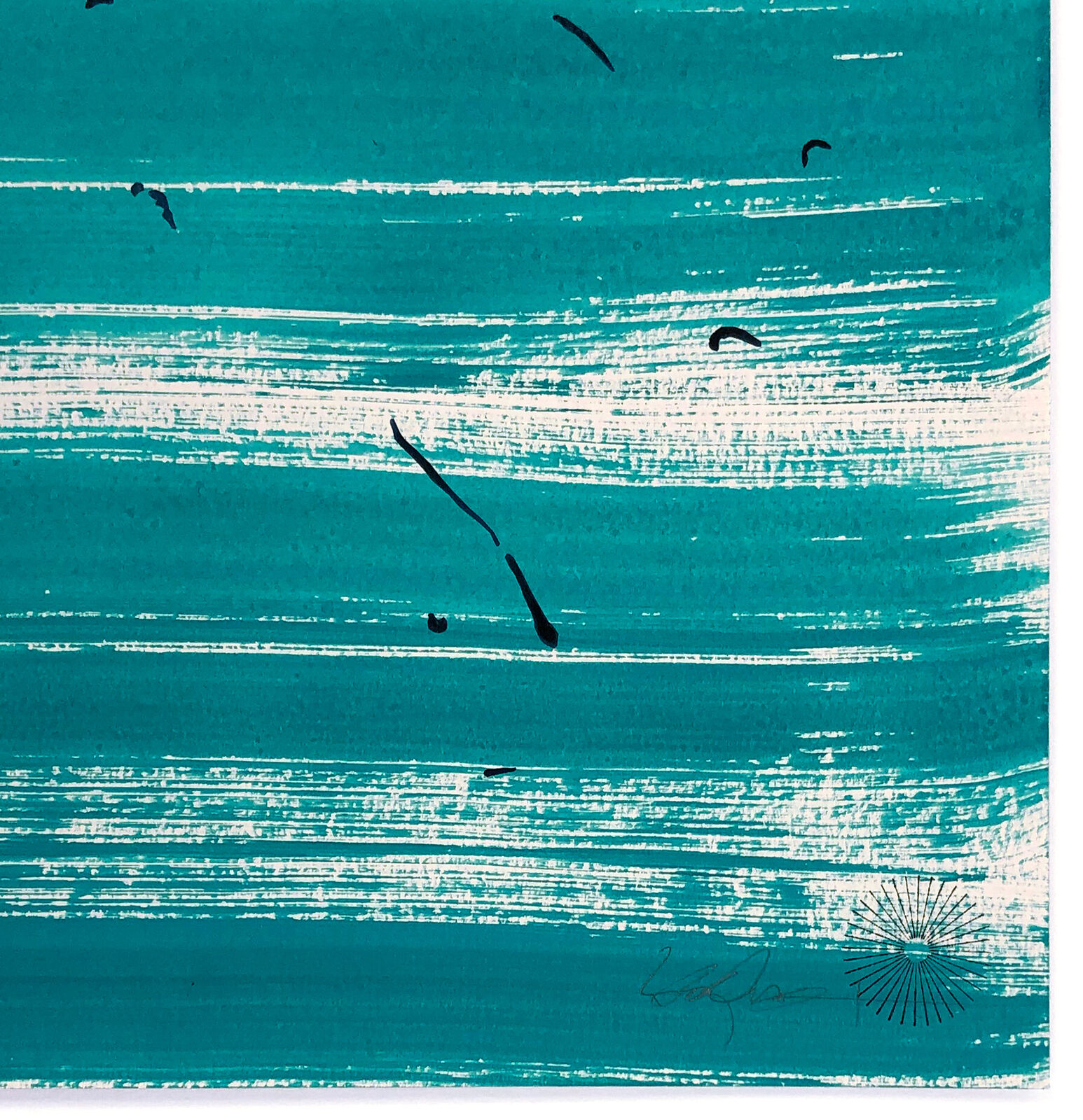 A black and white drawing of a bird flying through the air.