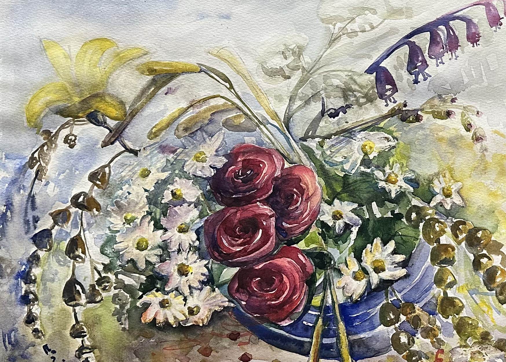 A watercolor painting of flowers in a vase on a table.