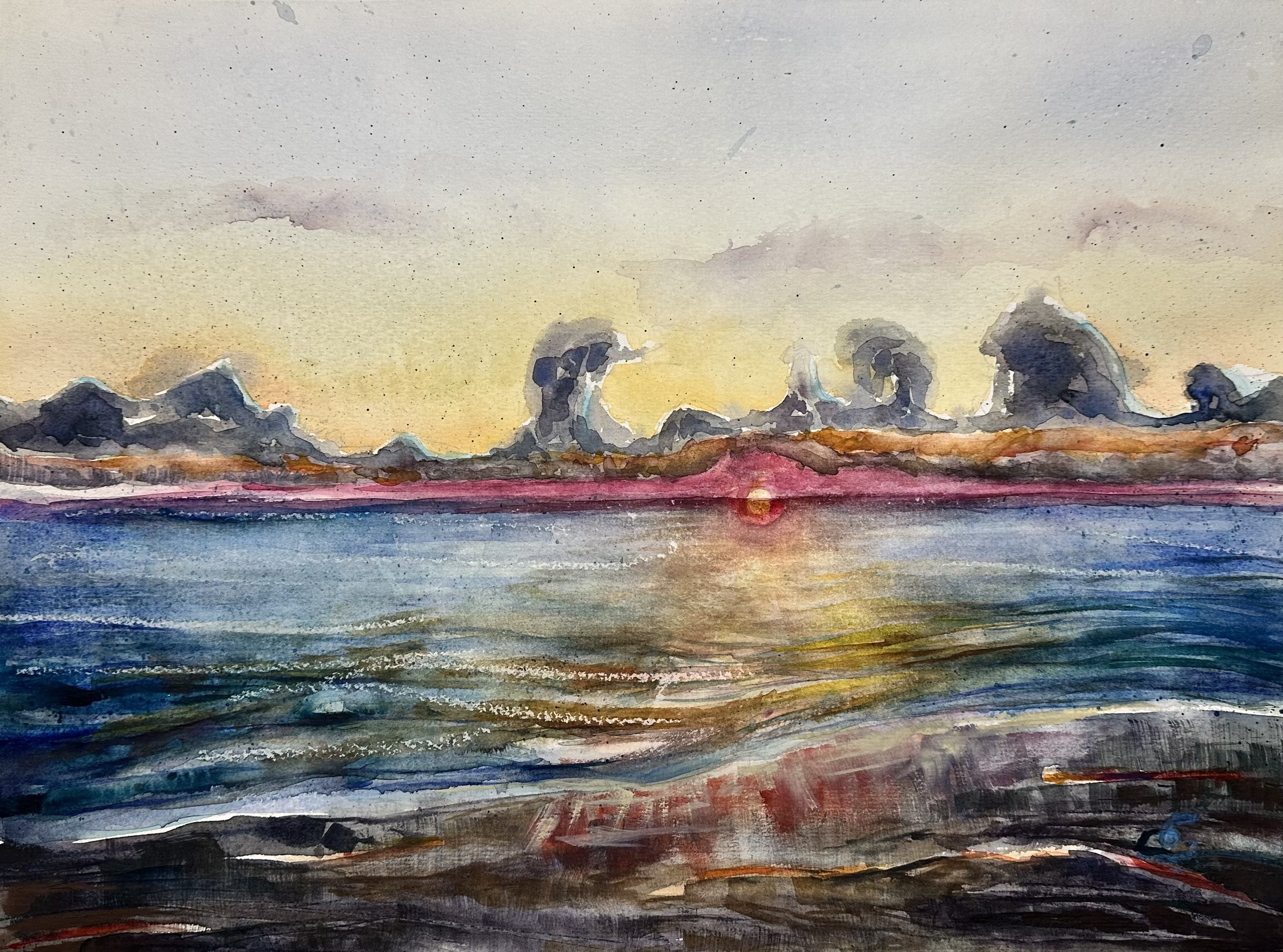 A watercolor painting of a sunset over a body of water.