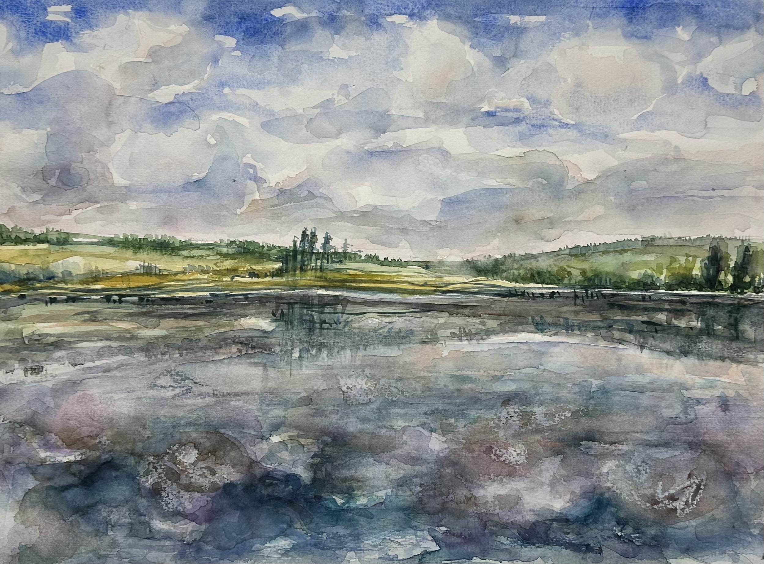 A watercolor painting of a landscape with clouds in the sky.
