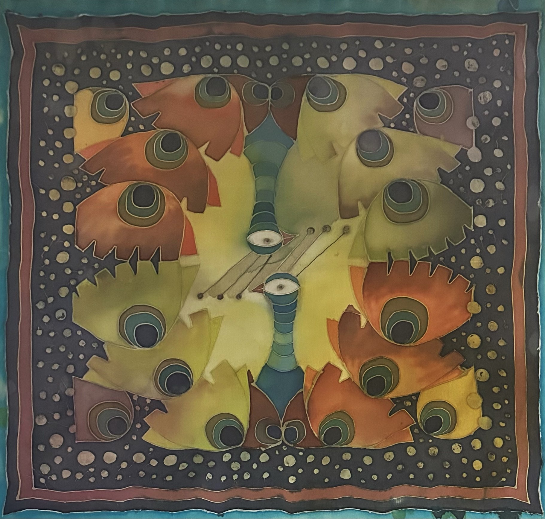 A painting of a peacock on a blue background.