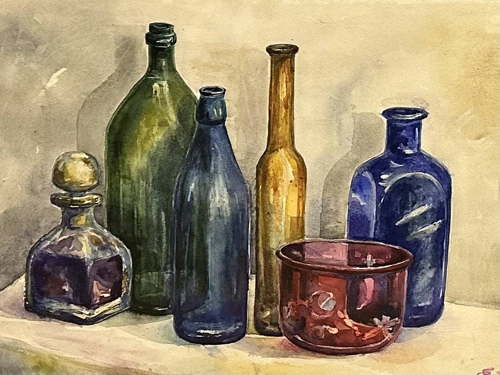 A painting of bottles and a bowl on a table.