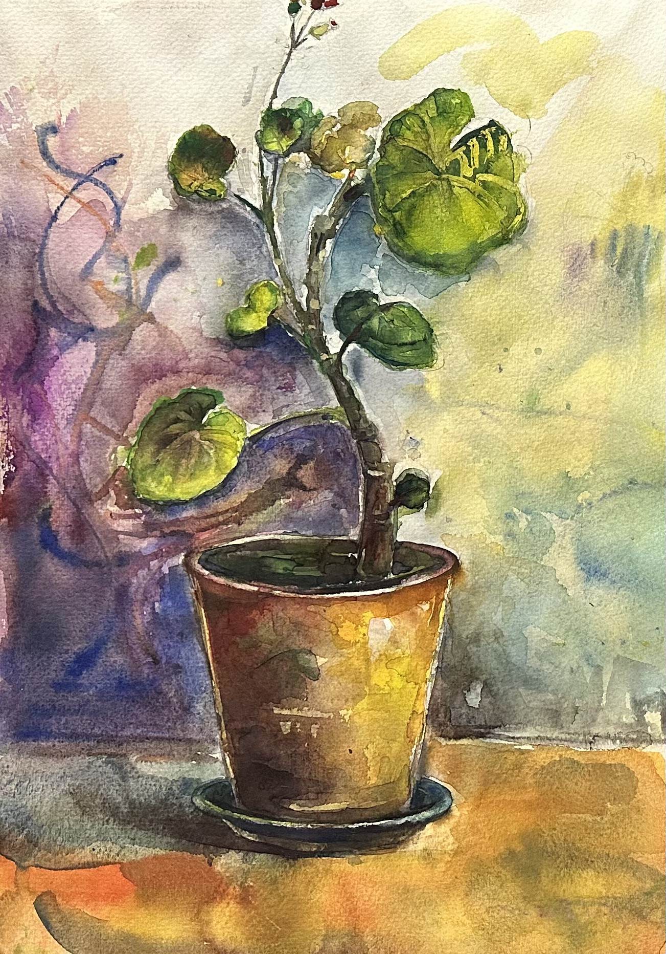 A watercolor painting of a potted plant on a table.