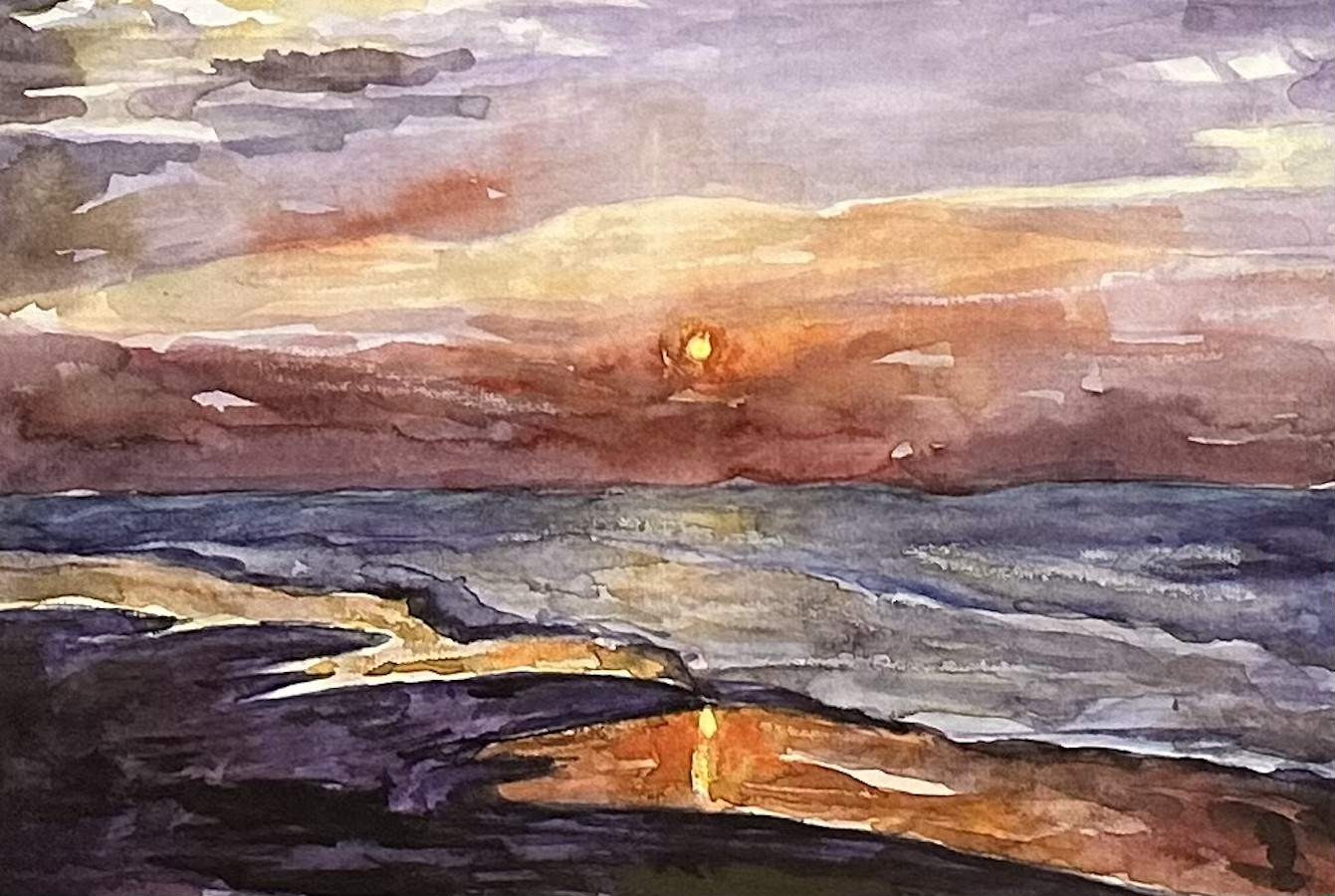 A watercolor painting of a sunset over the ocean.