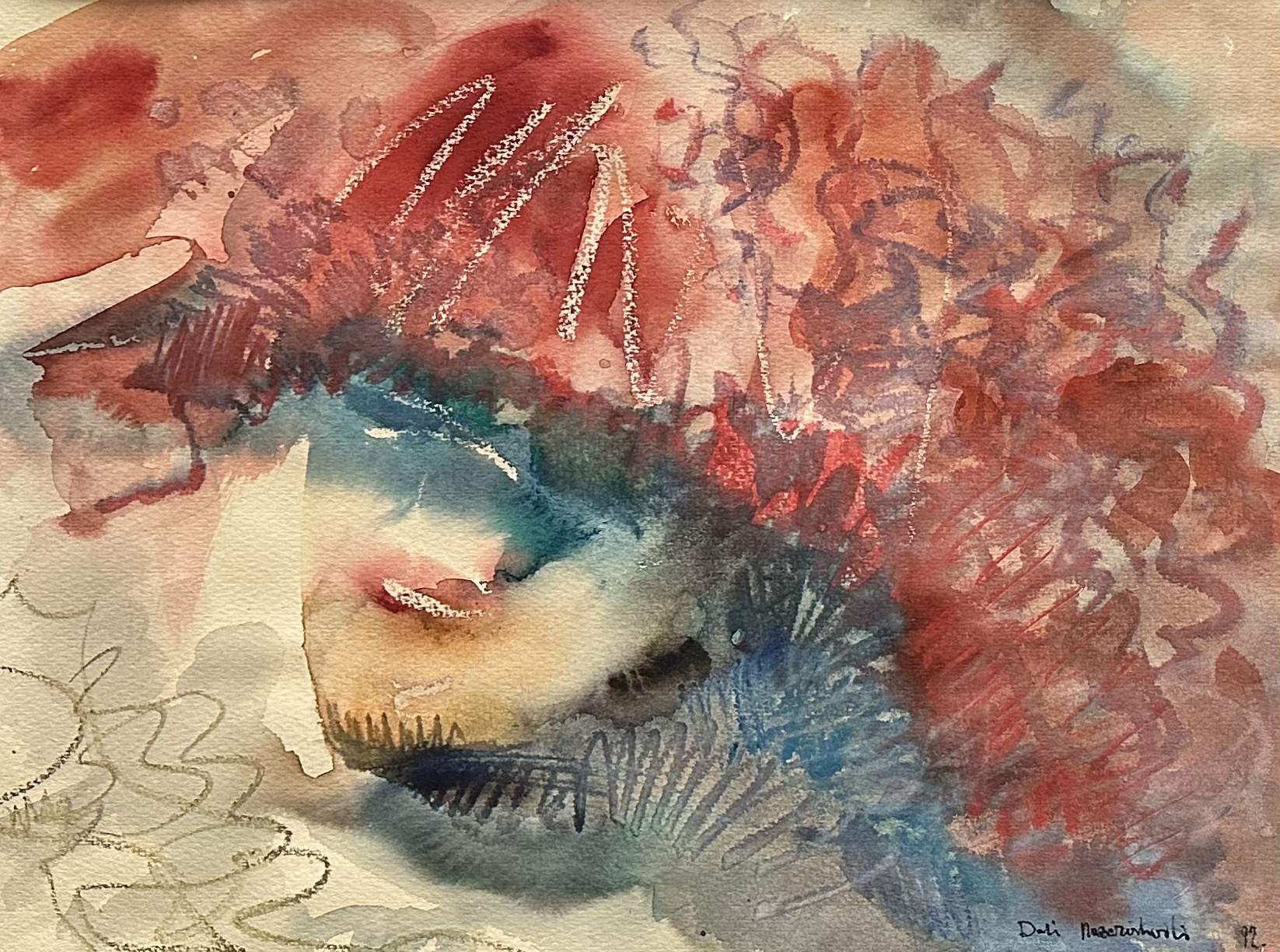 A watercolor painting of a woman's face with red hair.