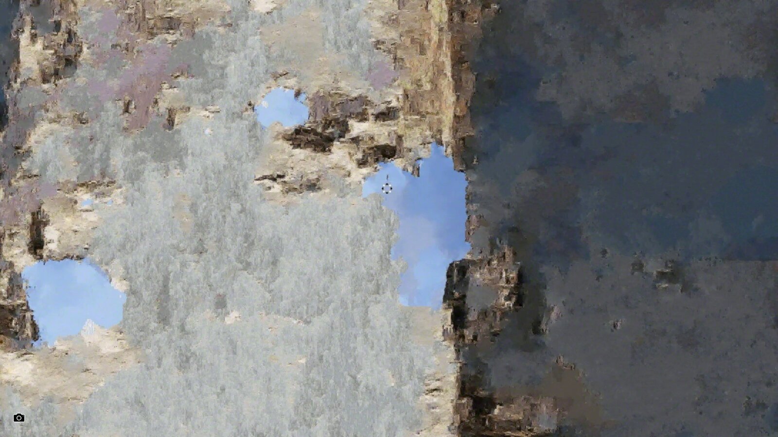 A textured, abstract composition of a weathered wall with holes revealing blue sky.