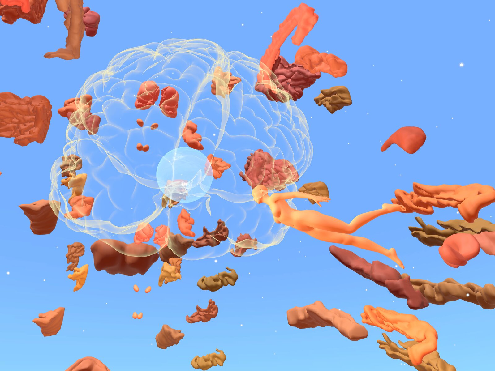 A surreal digital composition featuring a translucent brain-like sphere surrounded by floating organic shapes and a nude figure.