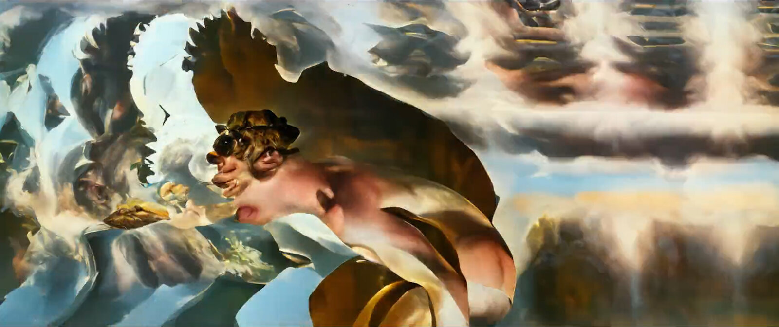 A classical-style painting of a nude figure with goggles, surrounded by swirling clouds.