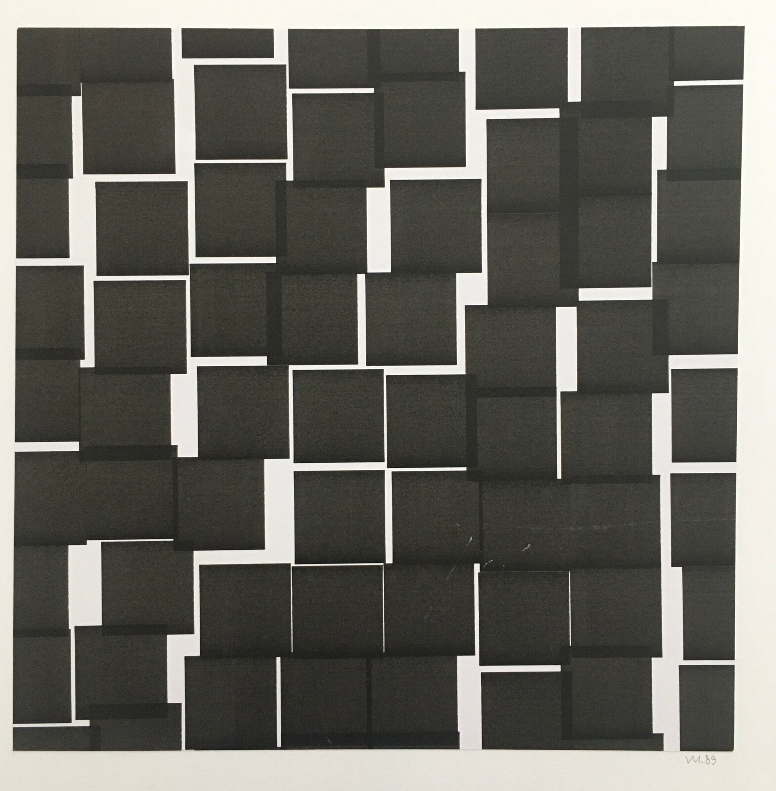A monochromatic geometric composition of overlapping dark squares on a white background.