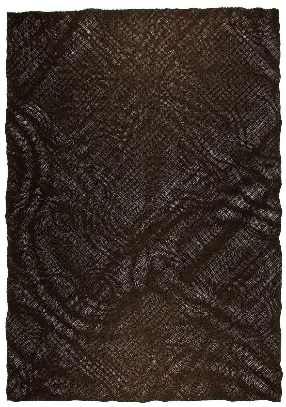 A dark, textured textile featuring an abstract pattern of swirling shapes over a grid background.