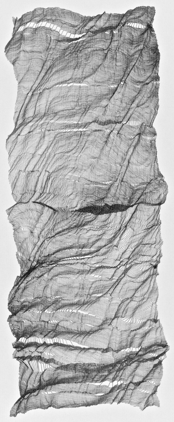 A monochromatic topographical map of a craggy mountain range rendered in fine, dense lines.