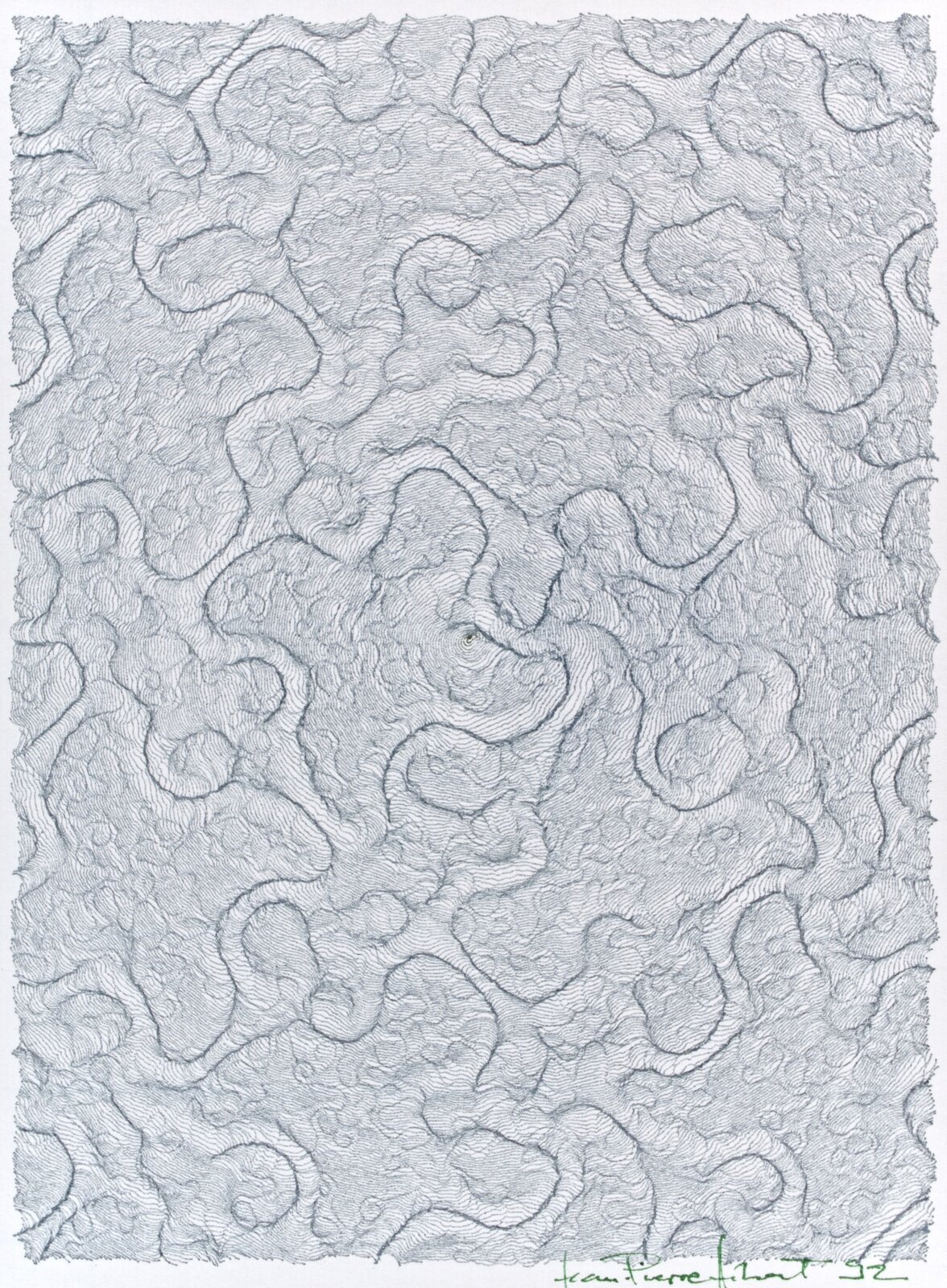 A monochromatic topographical map rendered in fine, dense lines.