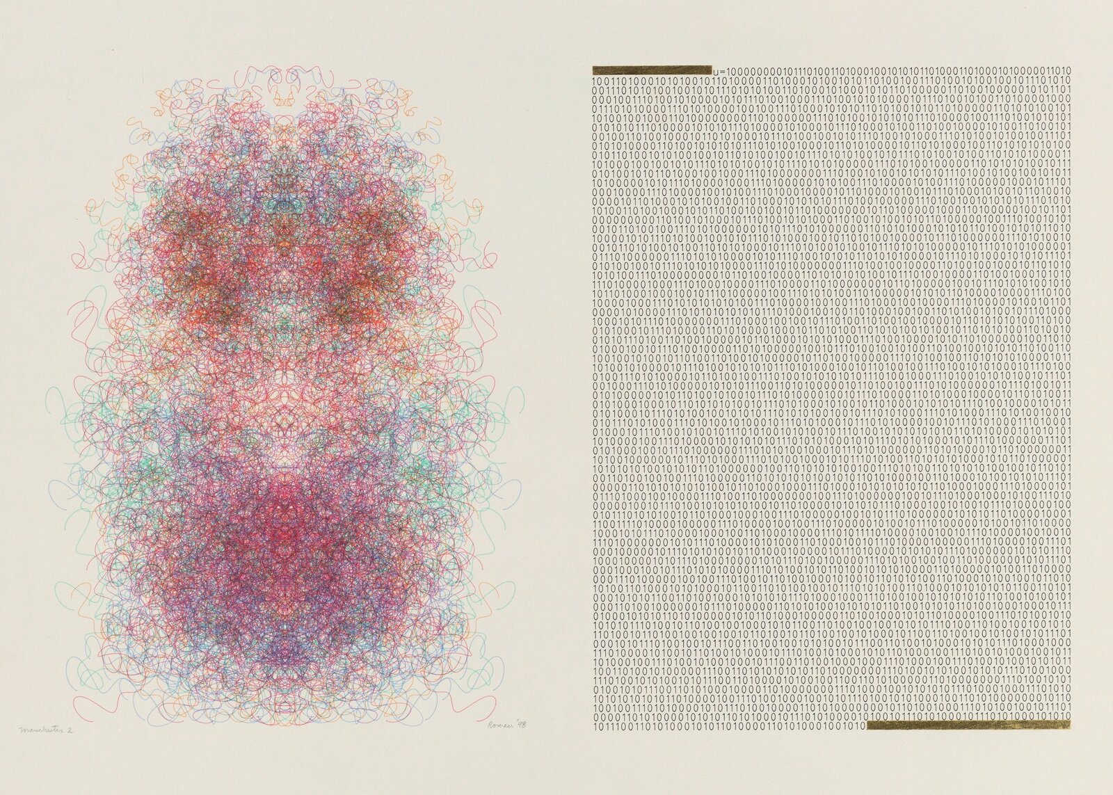 A diptych artwork juxtaposing a chaotic, colorful biomorphic form with a rigid block of binary code.
