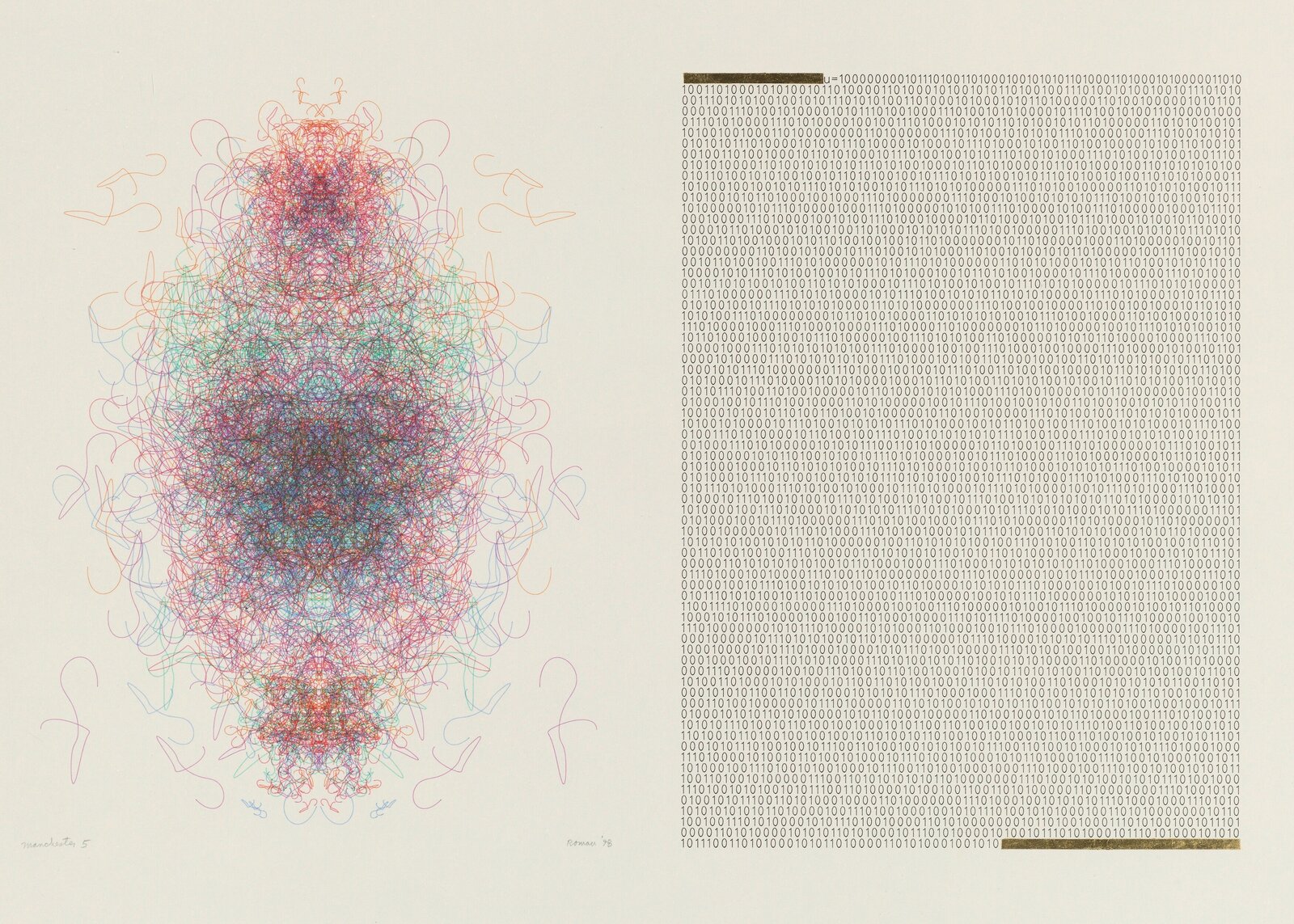 A split-panel artwork juxtaposing a kaleidoscopic abstract drawing with binary code.