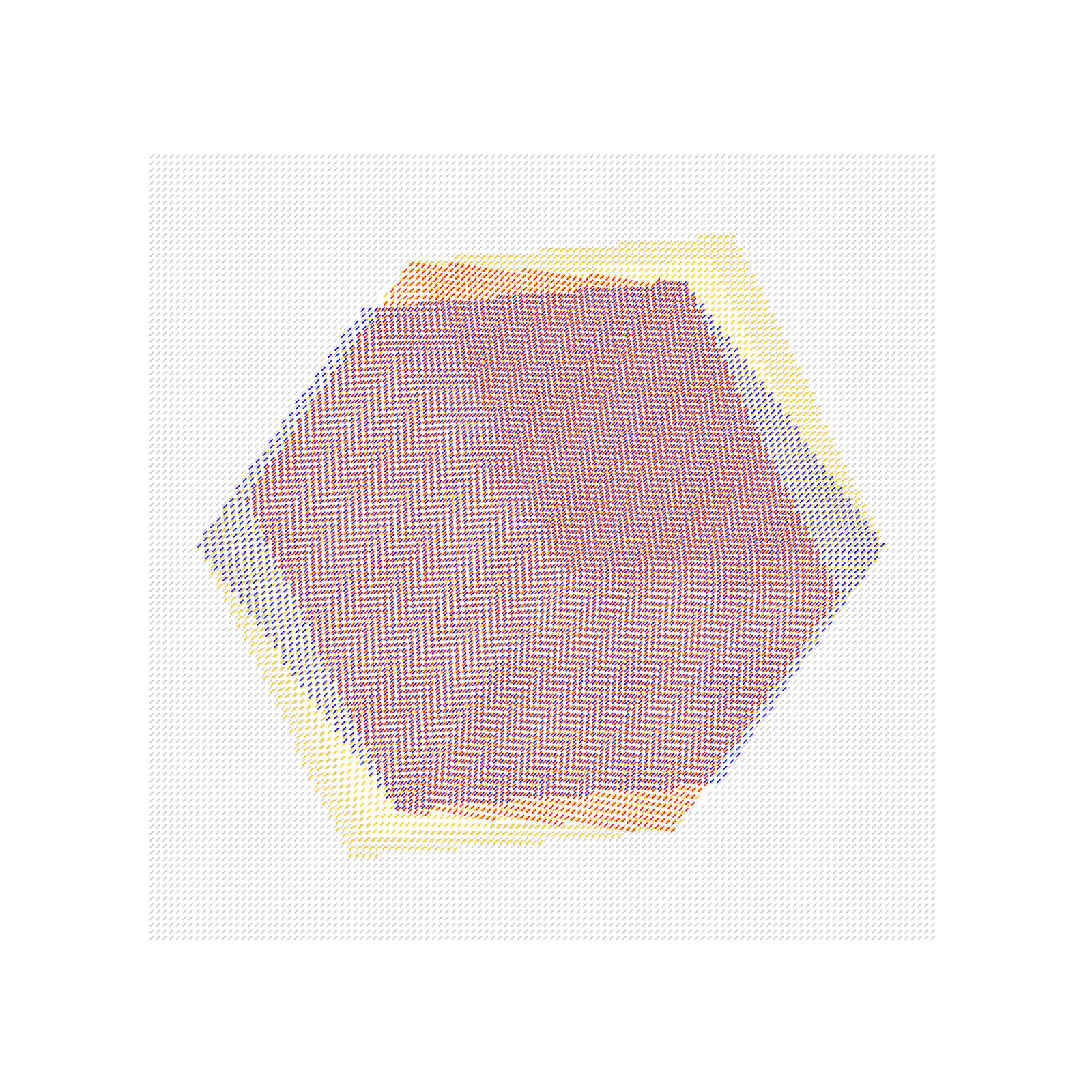 A geometric abstract composition featuring a central hexagonal shape rendered in halftone dot patterns.