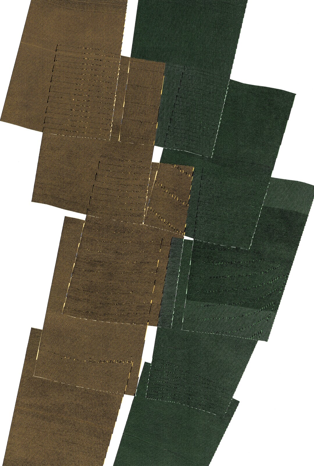 A geometric abstract composition featuring brown and green textured rectangles on a white background.