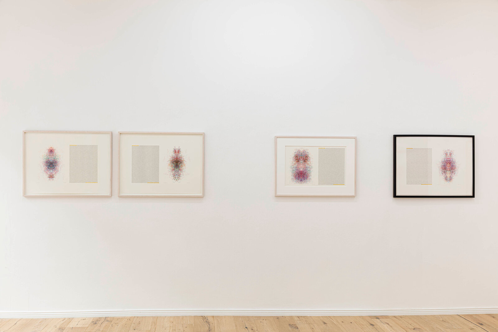 A diptych artwork juxtaposing a chaotic, colorful biomorphic form with a rigid block of binary code.