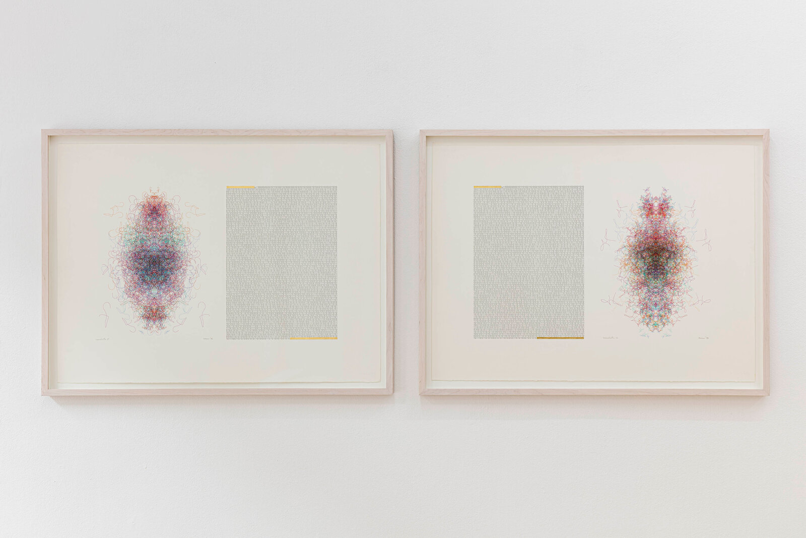 A split-panel artwork juxtaposing a kaleidoscopic abstract drawing with binary code.