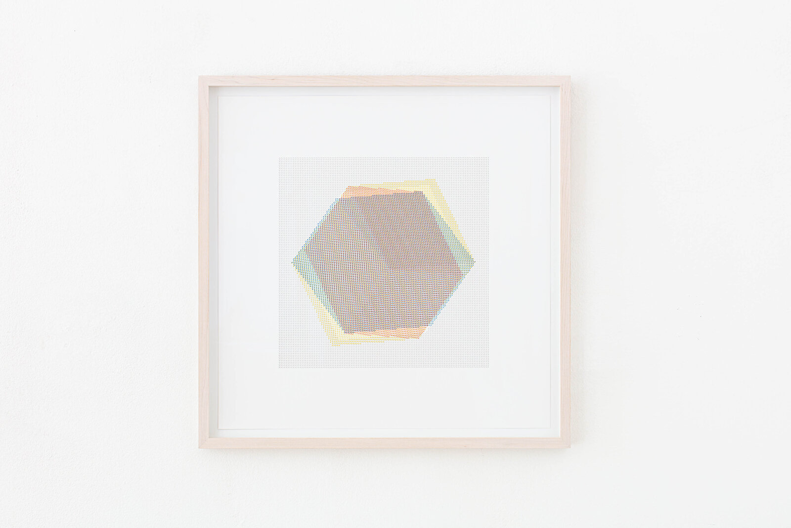 A geometric abstract composition featuring a central hexagonal shape rendered in halftone dot patterns.