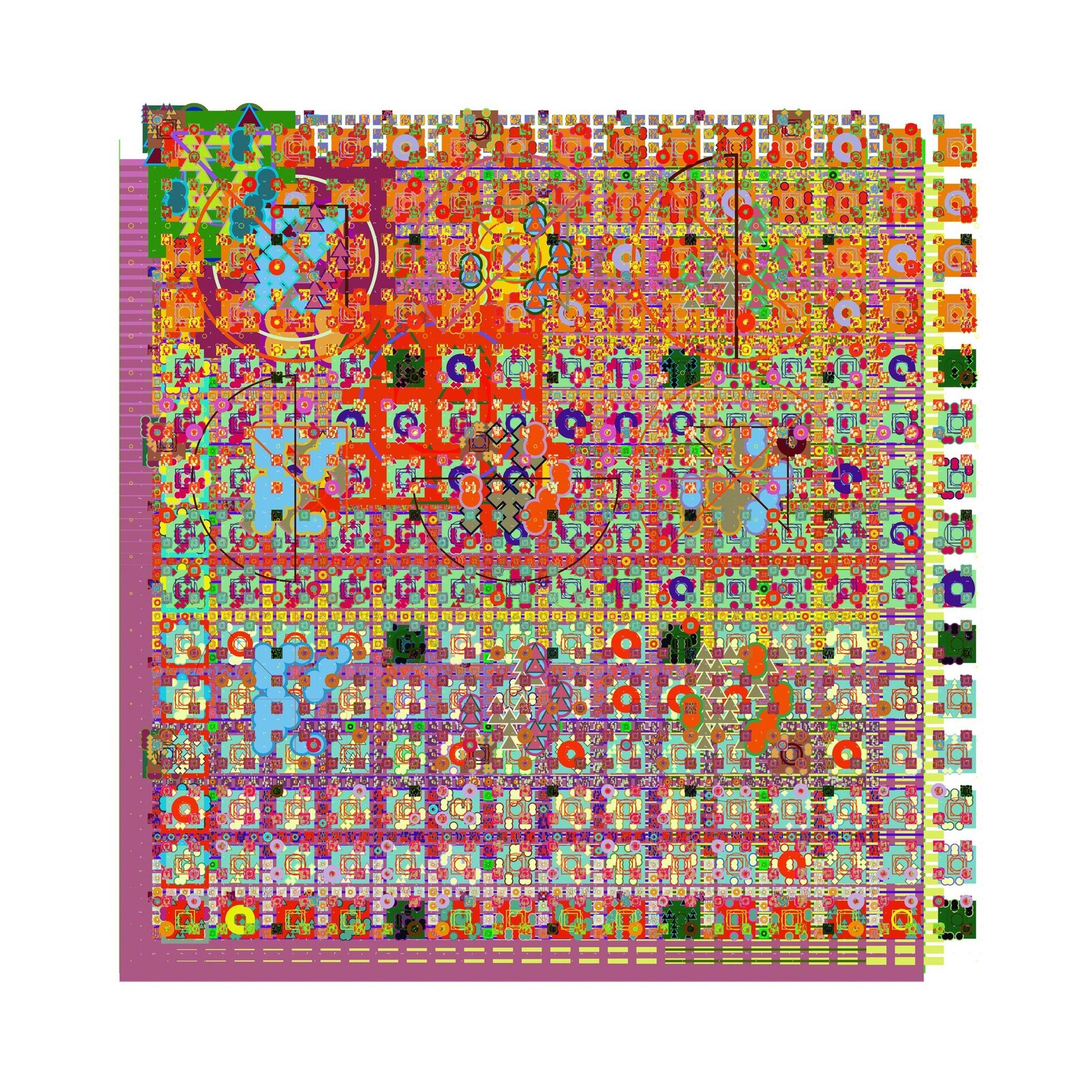 A colorful, dense grid of geometric shapes and symbols in a framed print.