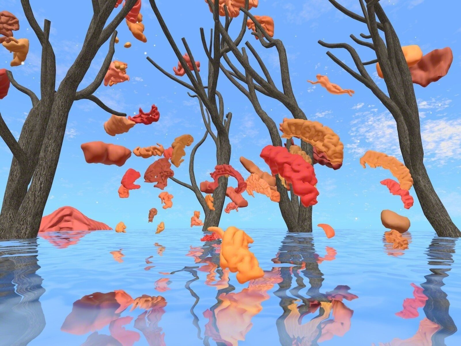 A surreal digital composition featuring a translucent brain-like sphere surrounded by floating organic shapes and a nude figure.