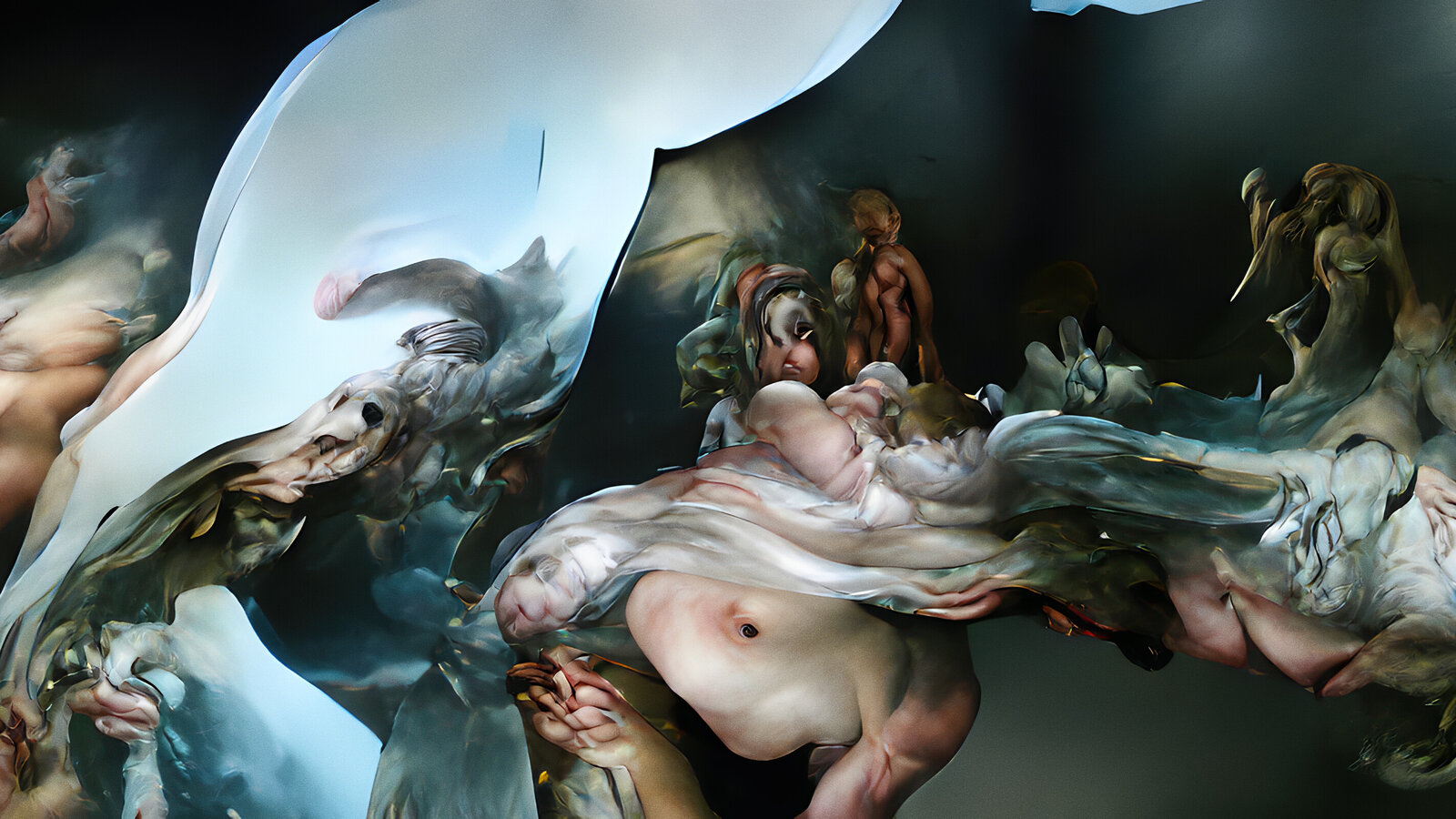 A classical-style painting of a nude figure with goggles, surrounded by swirling clouds.